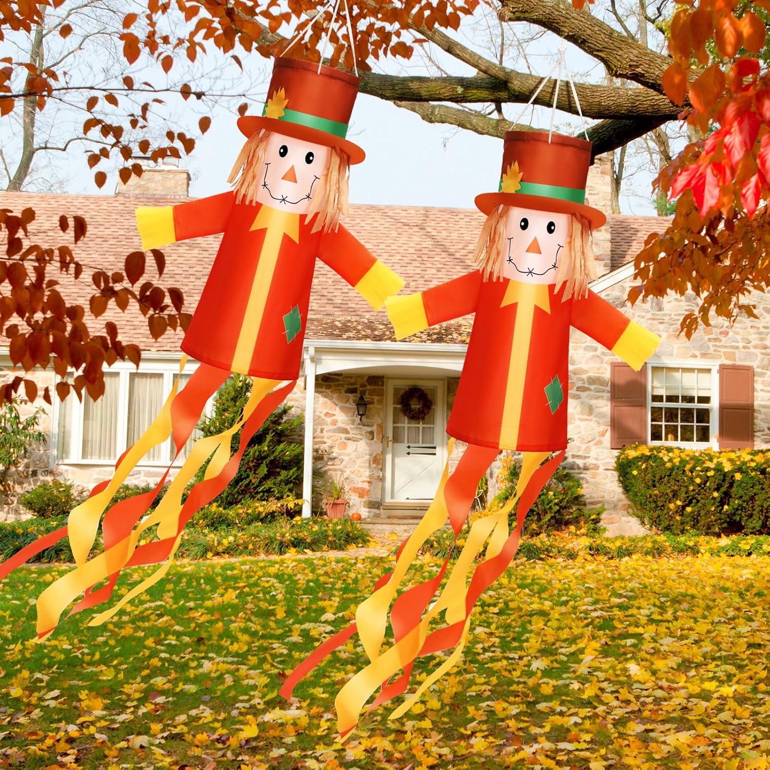 2 Pcs Fall Thanksgiving Windsocks Scarecrows for Outside