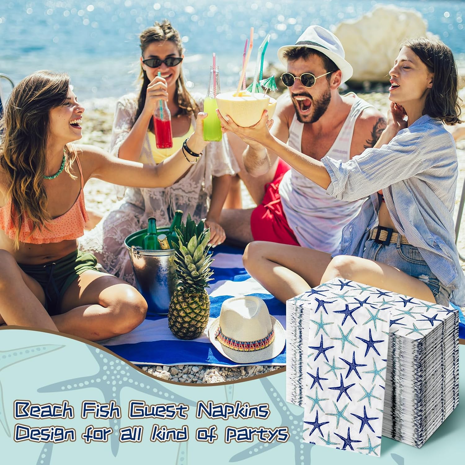 Seajan 200 Pcs Paper Guest Napkins Disposable Hand Towels for Bathroom Paper Disposable Guest Towels Napkins for Spring and Summer Wedding Bathroom Birthday Dinner Party(Starfish)