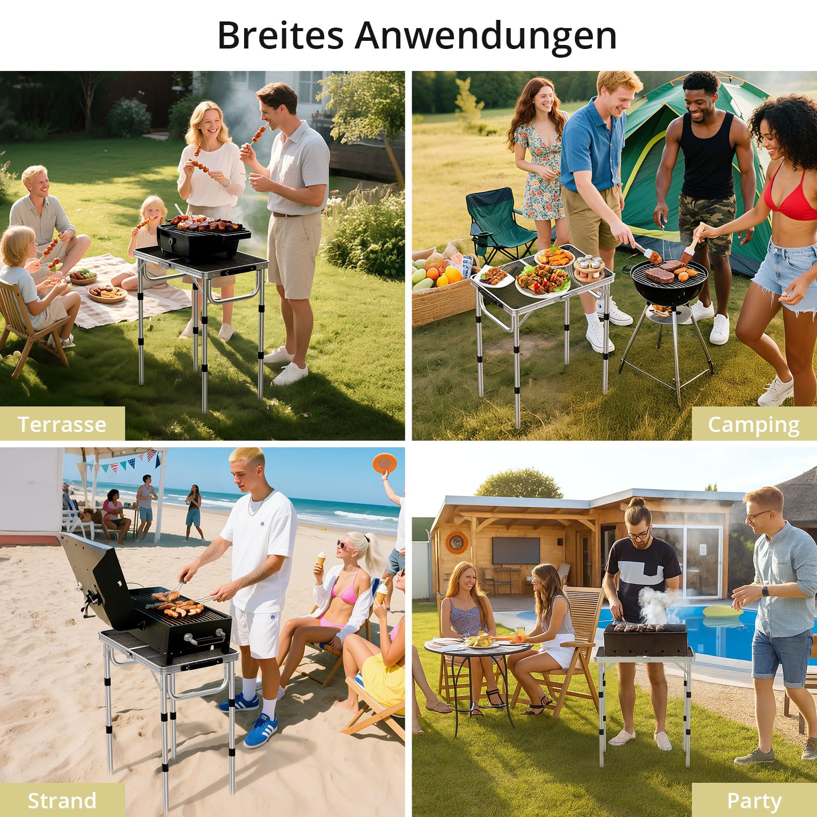 Anbte Campingtisch Grilltisch 58x40cm Metallgitter Tischplatte mit 3 Verstellbare Höhe 26/48/70cm Aluminium Rahmen Klapptisch Tragbar Picknicktisch für BBQ Garten Party Balkon (Silber)