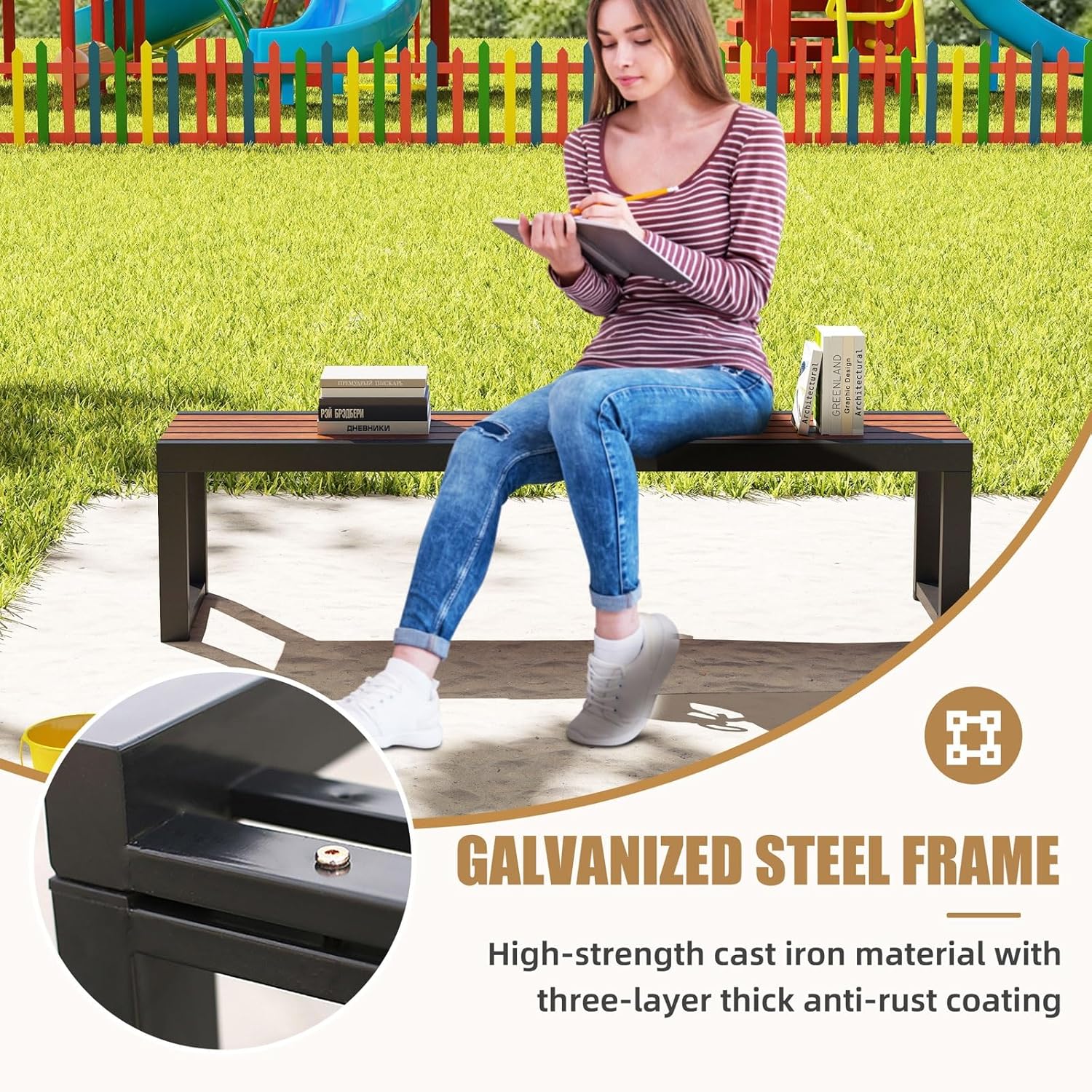Outdoor Garden Bench with Wooden Seat & Iron Frame, All-Weather Outside Benches Heavy Duty Patio Bench for Lawn Porch Yard Park, 880lb Capacity 15.4×17.7in (WxH) Easy Assembly 39.37x15.4x17.7IN