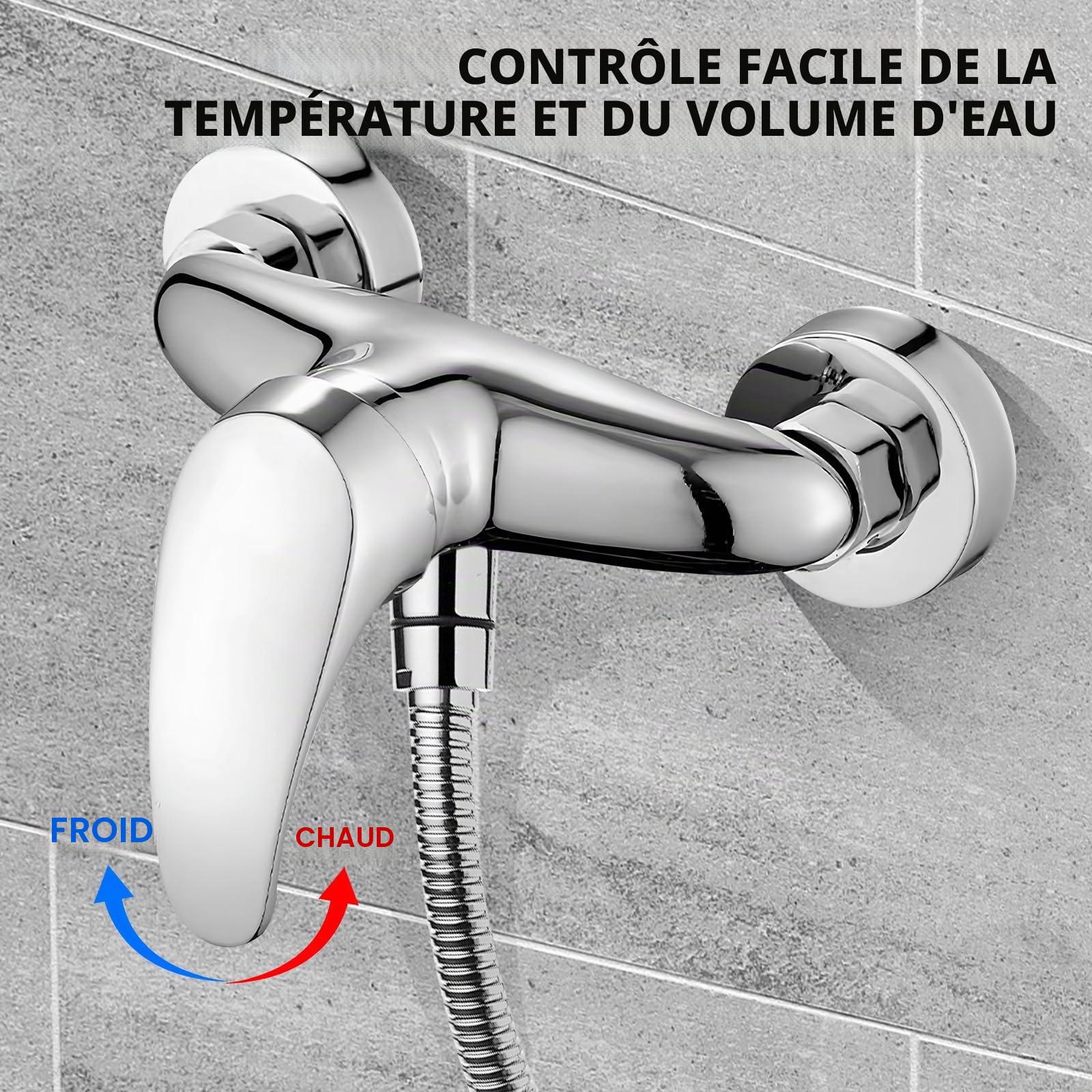 Robinet de douche : robinet de douche argenté salle de bain, mitigeur douche, montage mural, mitigeur de douche monocommande chromé avec buse G ½ pour montage mural