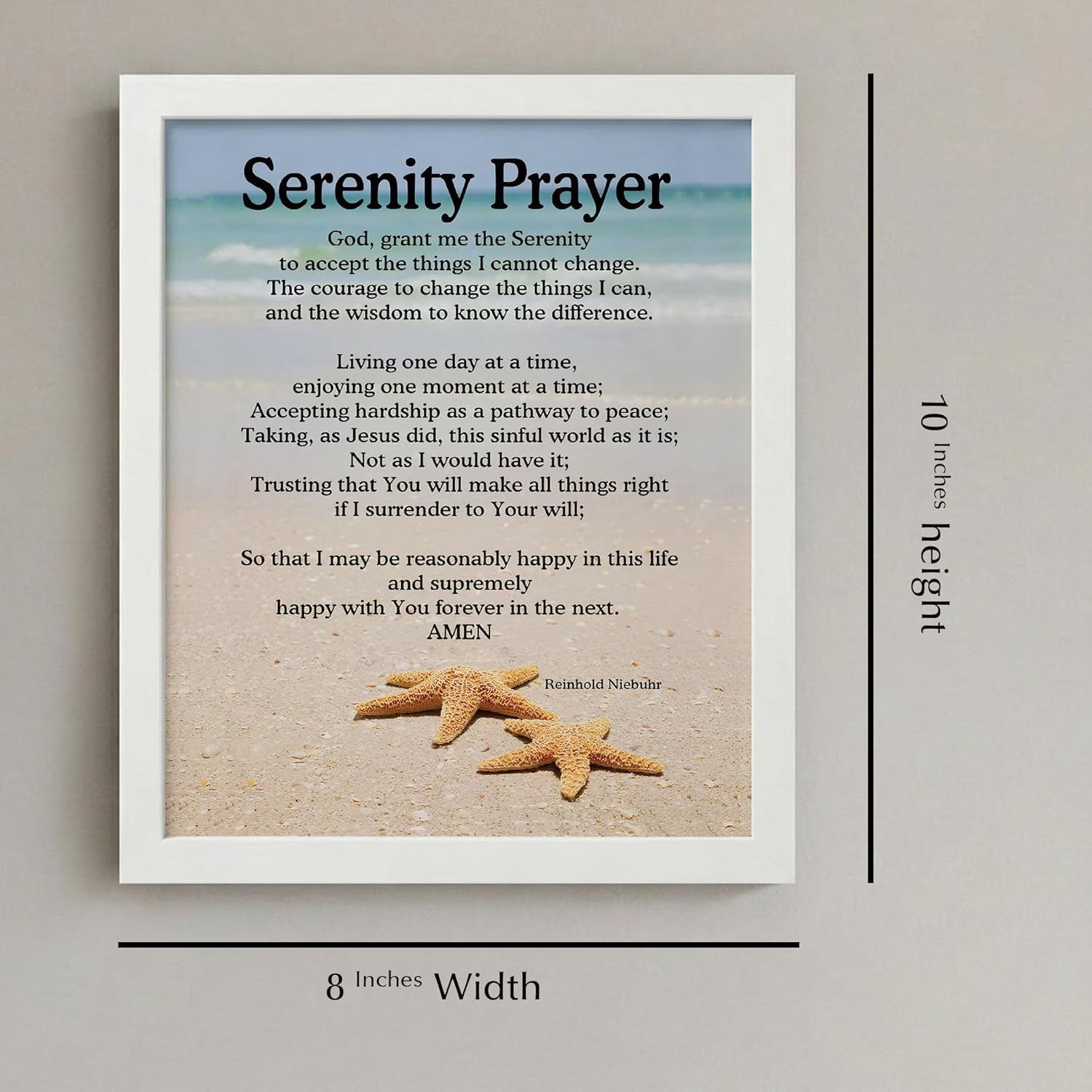 Serenity Prayer Wall Art – Christian Wall Decor with Starfish Scripture, Bible Verse Inspirational Wall Art Print for Living Room, Office, Church, or Beach House (White Framed, 8 x 10 inches)