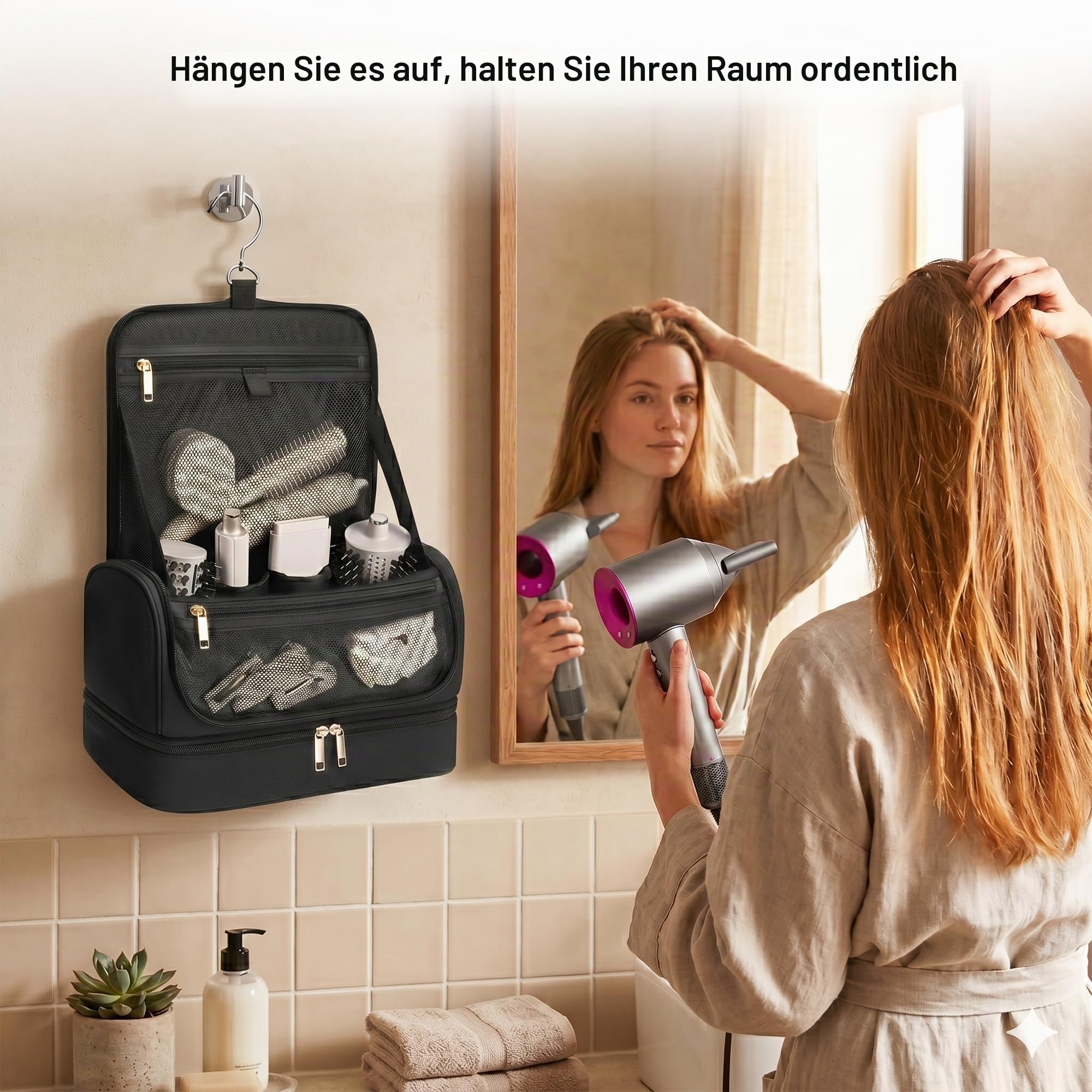 Hänge Haartrocknertasche, kompatibel mit Dyson Airwrap und Shark FlexStyle, Wasserabweisende Organizer Tasche mit Trennwand, Reise Kosmetiktasche, Geschenk für Frauen, Schwarz