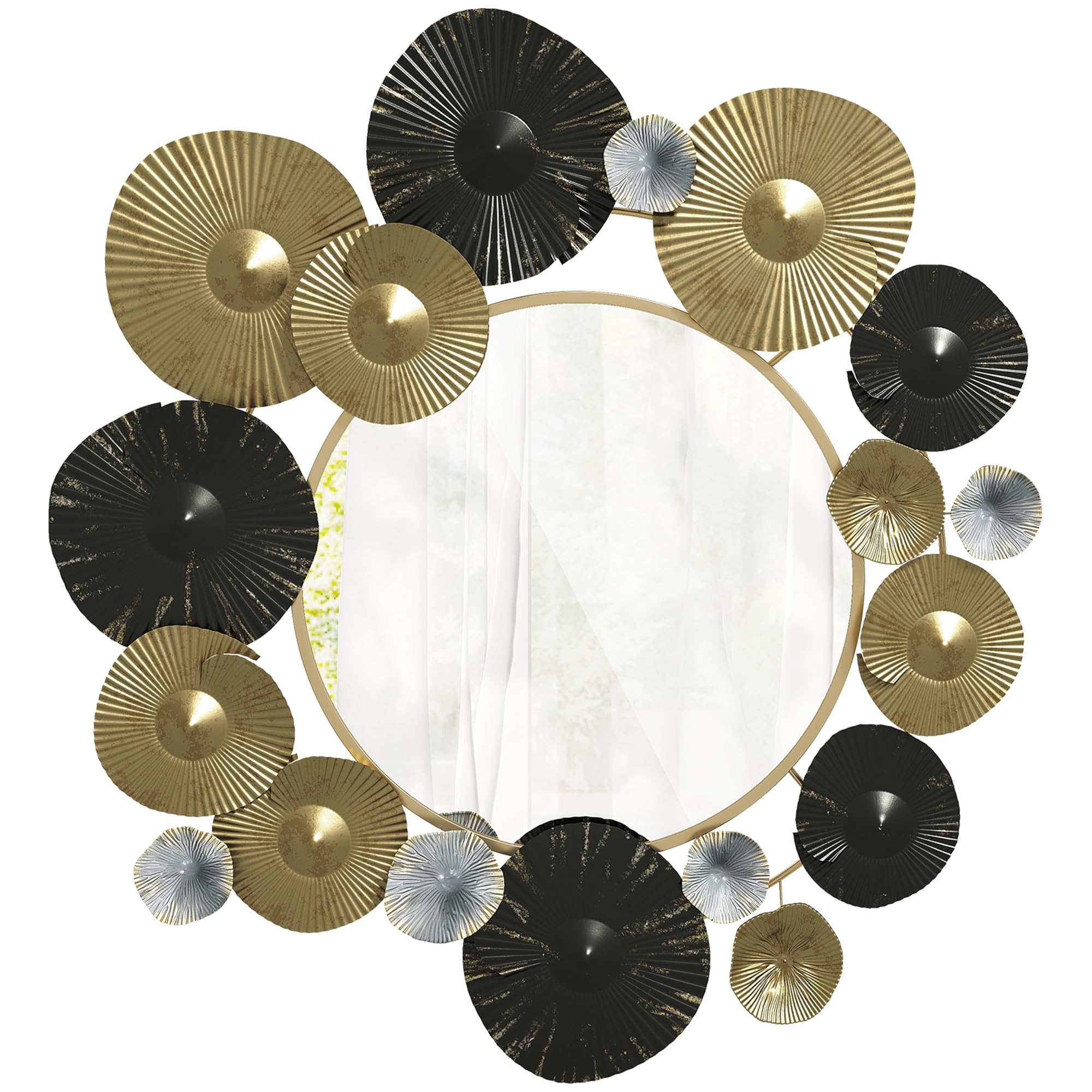 HOMCOM Espejo Decorativo de Pared, Adorno de Pared Metálico con Espejo Decorativo, para Salón, Dormitorio, Pasillo, 84x84 cm, Dorado y Negro
