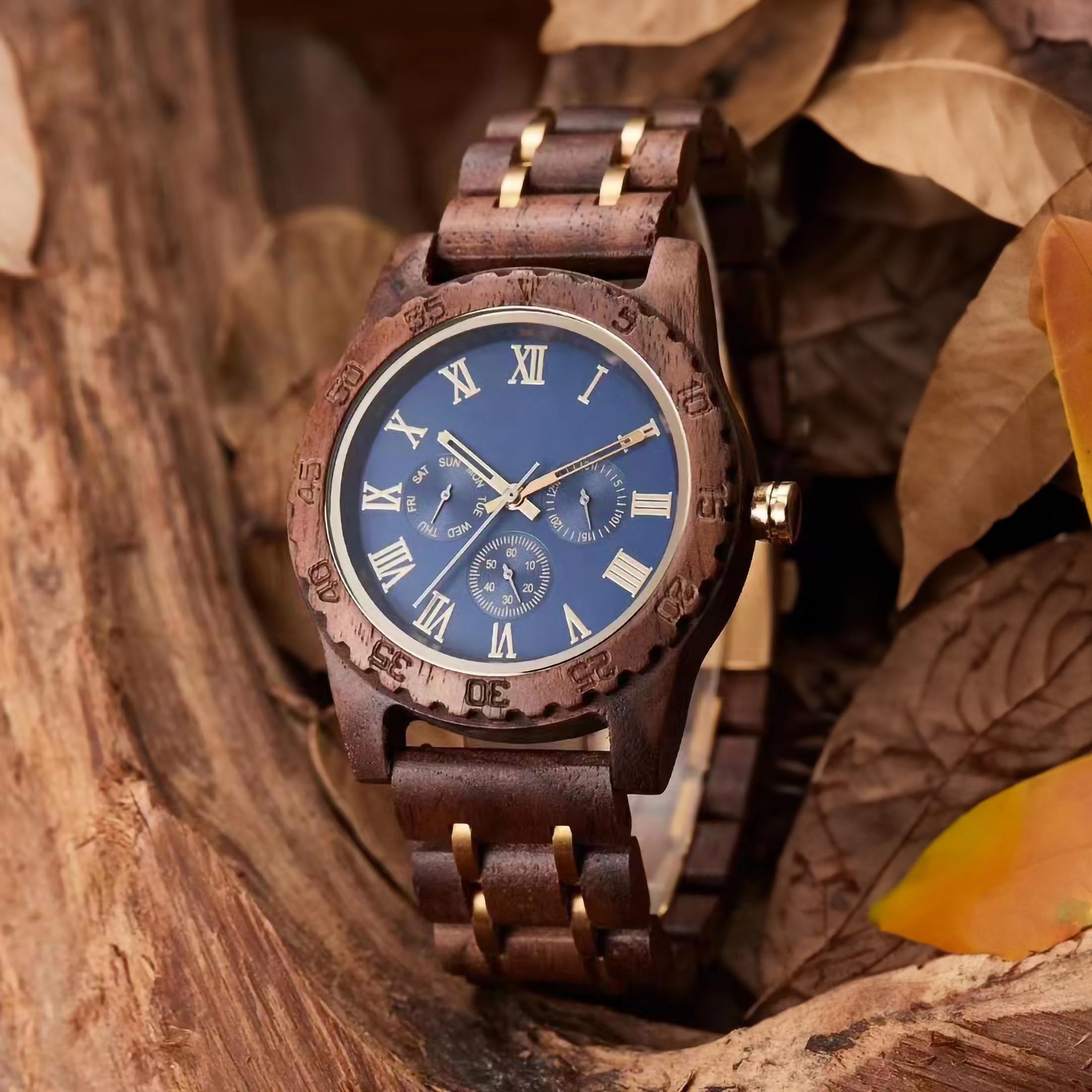 Reloj de Madera para Hombre Reloj de Madera Personalizado para Marido Novio Reloj de Nogal con Banda de ébano Luna Frase Fecha Semana Aniversario Reloj