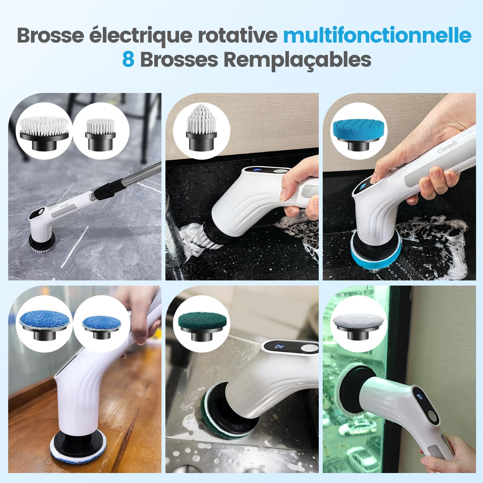Rotating Electric Cleaning Brush with 8 Interchangeable Heads, Rechargeable Bathroom Cleaning Brush, 2 Adjustable Speeds for Bathroom, Kitchen, Tiles and Floors 3
