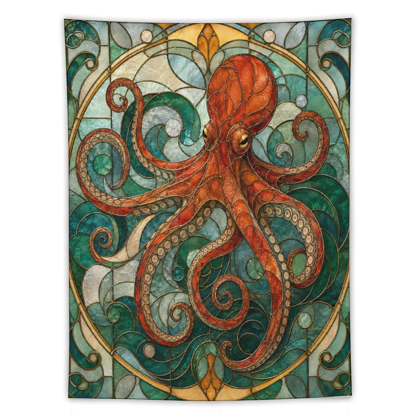 W7C8U2X3 Octopus Stained Glass Wall Tapestry, Art Nouveau Style, Sofa Area