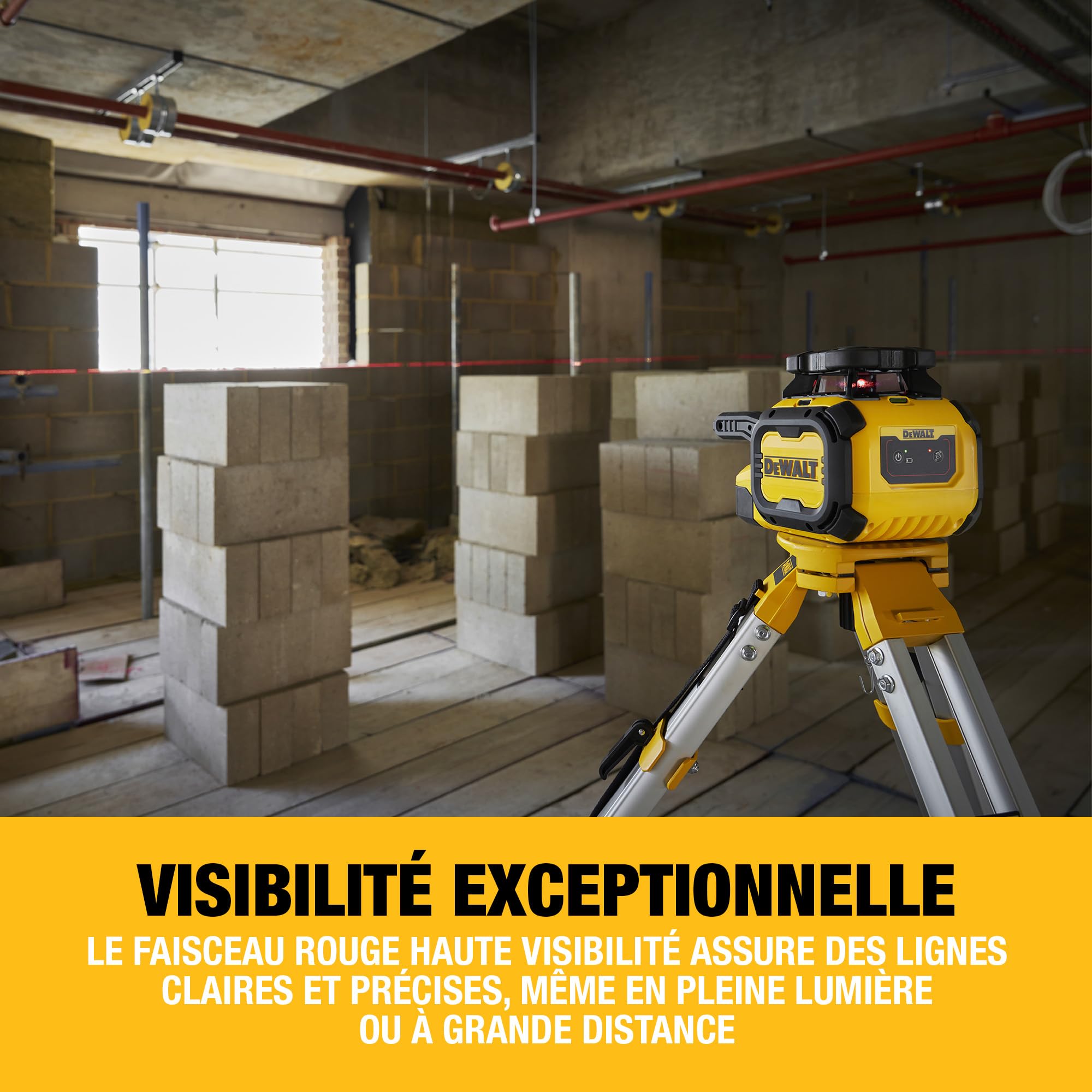 DEWALT Laser alcalin rotatif rouge, portée de 600m avec détecteur, autonomie de 35 heures des piles alcalines, DCLE05211R-XJ