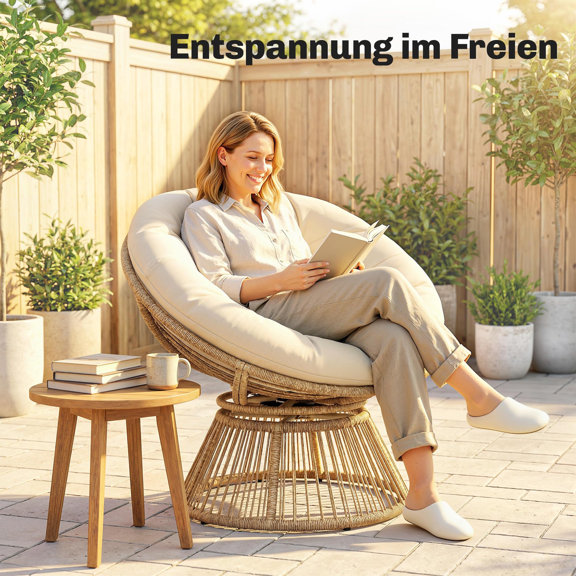 Outsunny Papasansessel 360° drehbar Korbsessel mit Kissen Stahlrahmen runder Rattansessel Loungesessel aus Polyrattan Drehsessel für Wohnzimmer Leseecke Lounge Cremeweiß