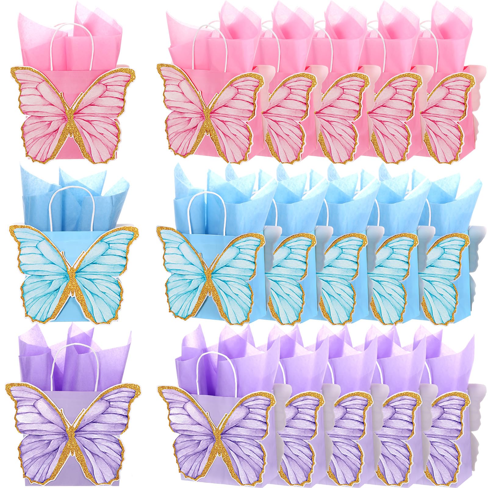 MotiMind 24 Pcs Butterfly Party Favor Bags with Tissues Paper Pink Purple Blue Butterfly Goodie Gift Paper Treat Candy Bags for Birthday Party Bridal