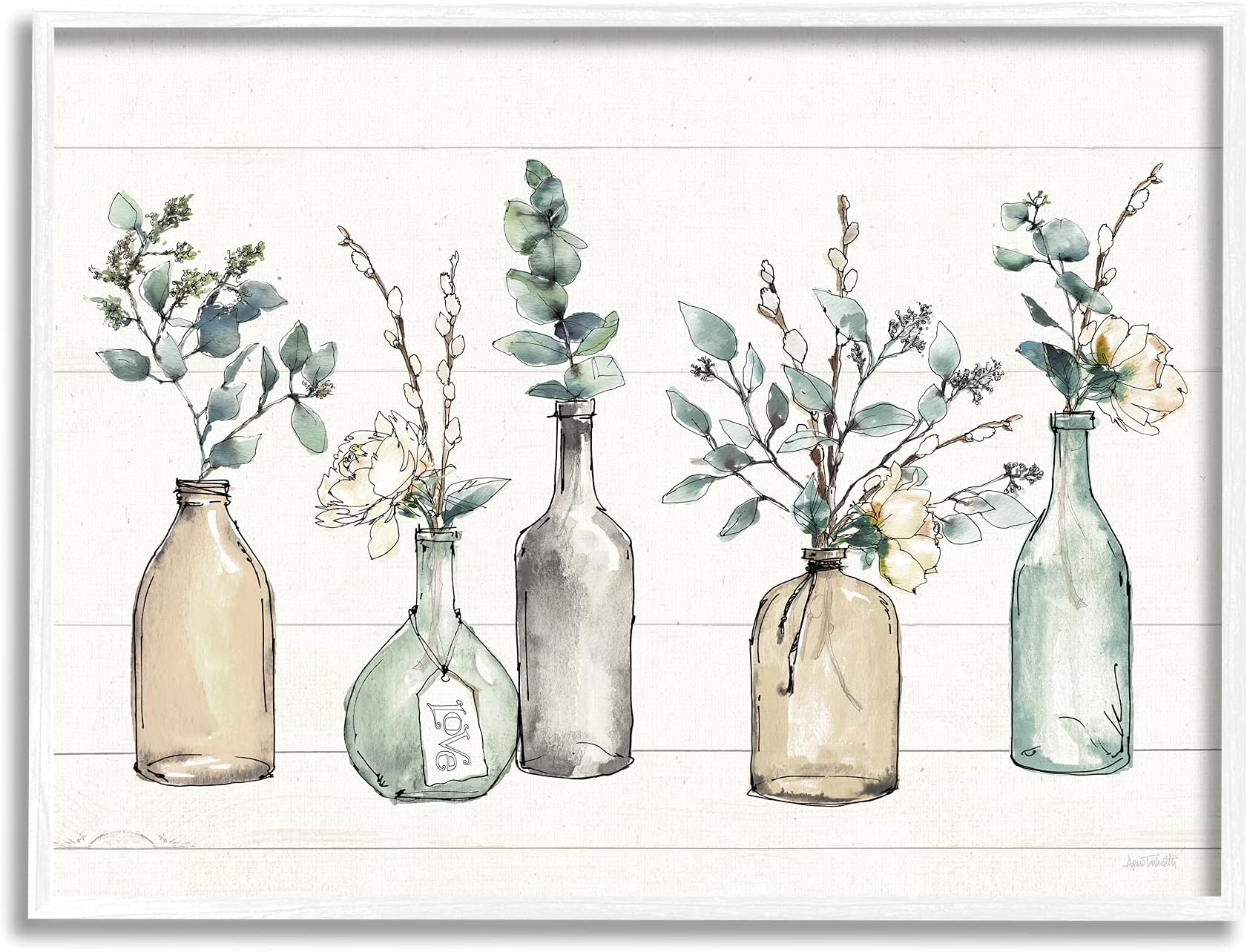 Stupell Industries Bottles and Plants Farm Wood Textured, Design by Anne Tavoletti Wall Art, 24 x 30, Multi-Color, White Framed