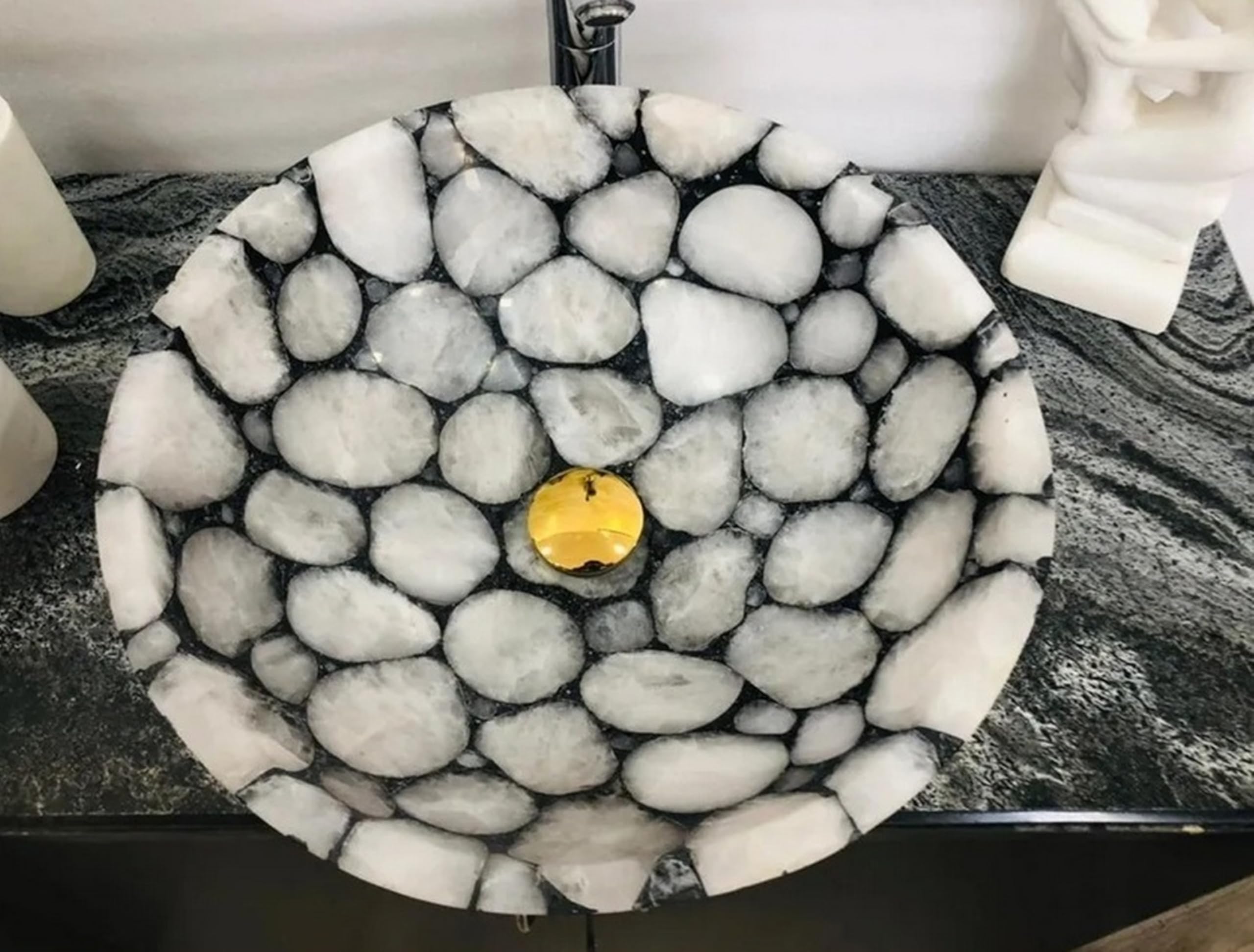 Fregadero de cuarzo blanco | 45,7 x 45,7 x 12,7 cm, hecho a mano, piedra natural, redondo, lavabo de baño, lavabo de cuarzo pulido, fregadero de cocina para decoración moderna