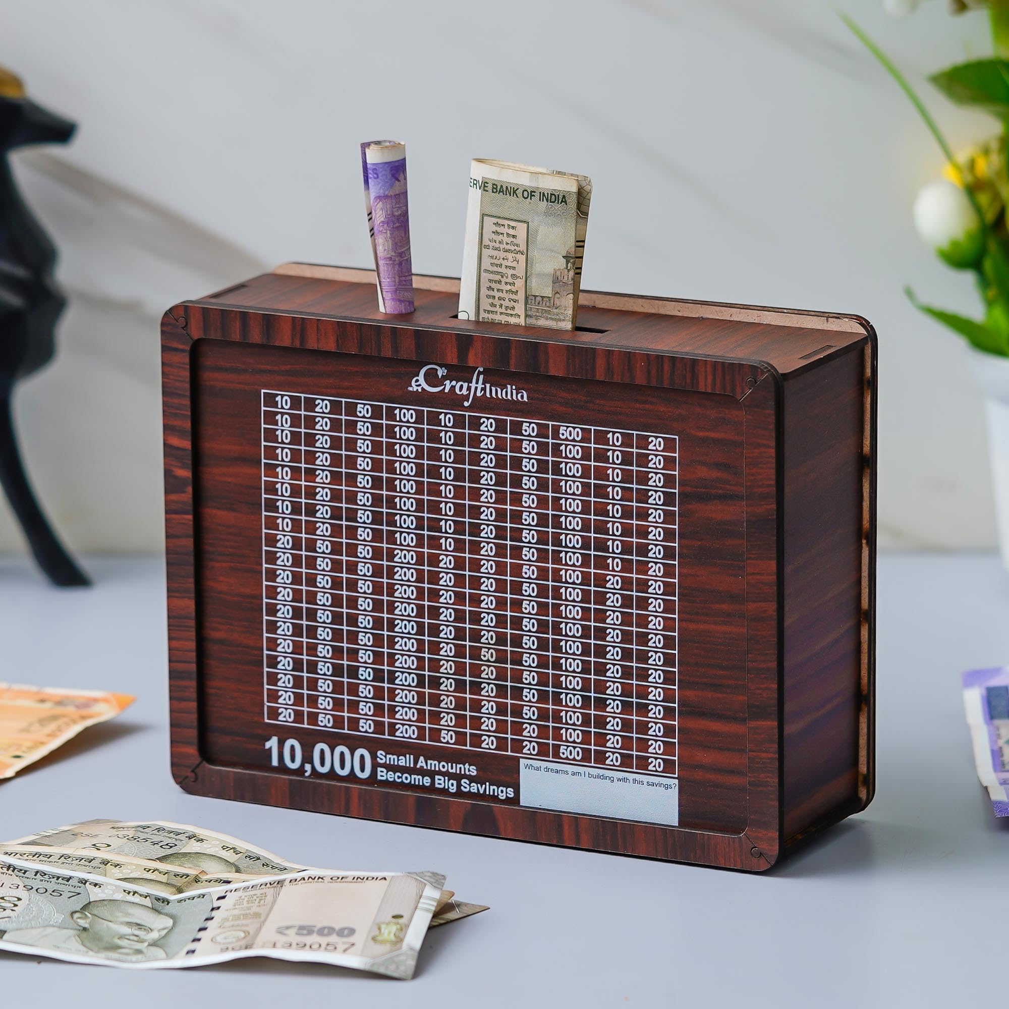 eCraftIndia Wooden Piggy Bank for Kids Girls Boys Adults | Coin Box with Numbers | 10,000 Rs Goal Tracker | Donation Box | Money Box | Money Saving Box for Adult | Piggy Bank for Kids Return Gift