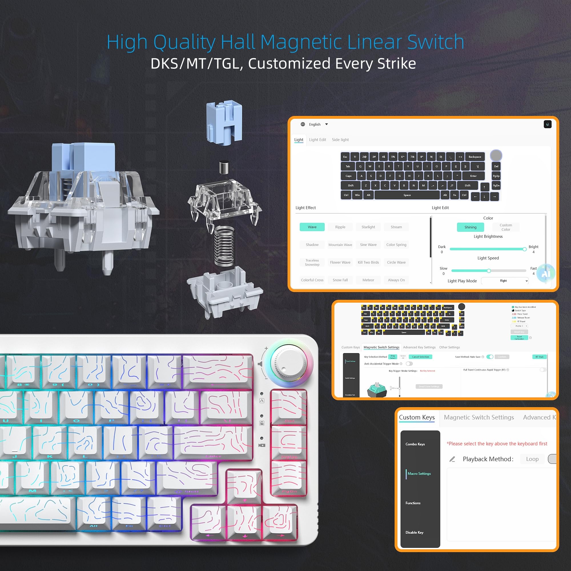Womier Teclado M68 HE V2 60% de disparo rápido, efecto Hall, teclado mecánico personalizado RGB con cable con interruptor magnético, teclas PBT para Mac/Win (blanco)