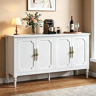 RoyalCraft 59" Buffet Cabinet with Storage, Vintage Sideboard with Adjustable Shelves & Carved Handle, Mid Century Modern Painted Credenza Coffee Bar for Kitchen, Dining Room, Satin White