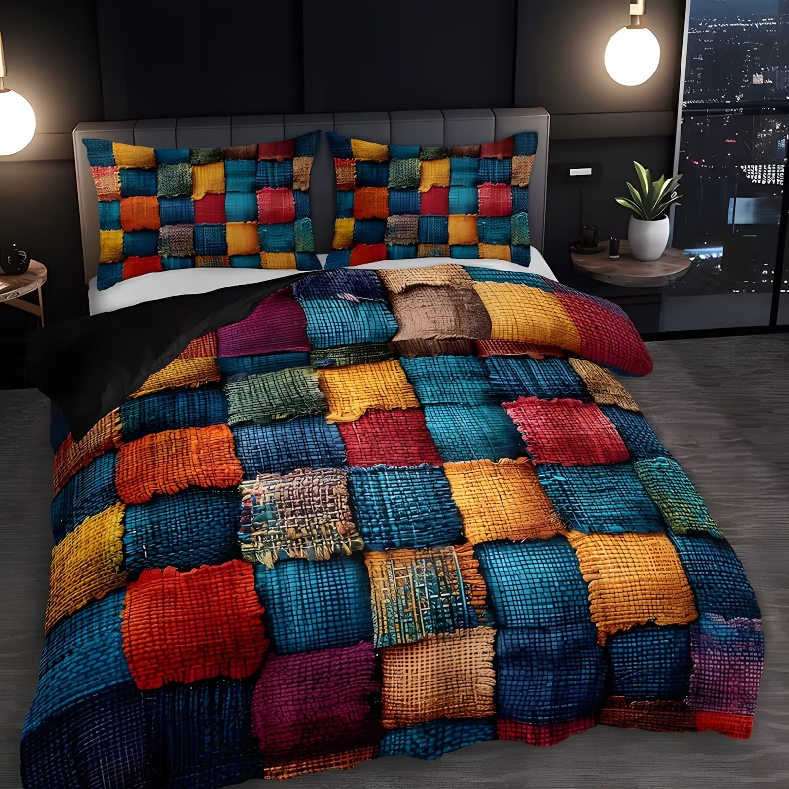 YZQGLHP Rustic Style Single Duvet Cover Set Patchwork Contrast Soft Single Bedding Microfibre Lightweight Quilt Cover with Zipper and 2 Pillowcase 50x75cm