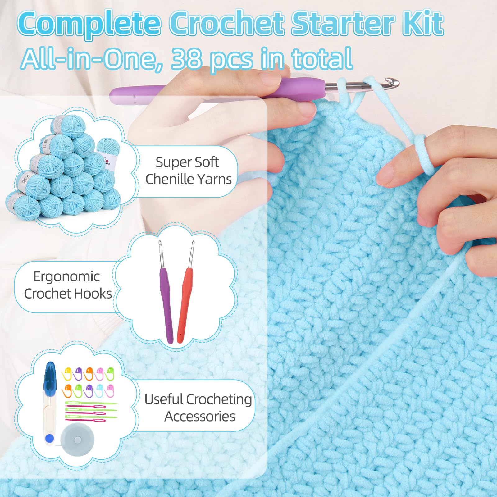 Aeelike Häkelset für Anfänger, einfaches Häkeldecken-Set mit weichen Chenille-Garnen, detaillierte Anleitung zum Häkeln, Zubehör, komplettes Häkelset für Anfänger, Meeresblau | Decke Häkelset für Anfänger Erwachsene mit Chenille-Garnen Detaillierte Video-