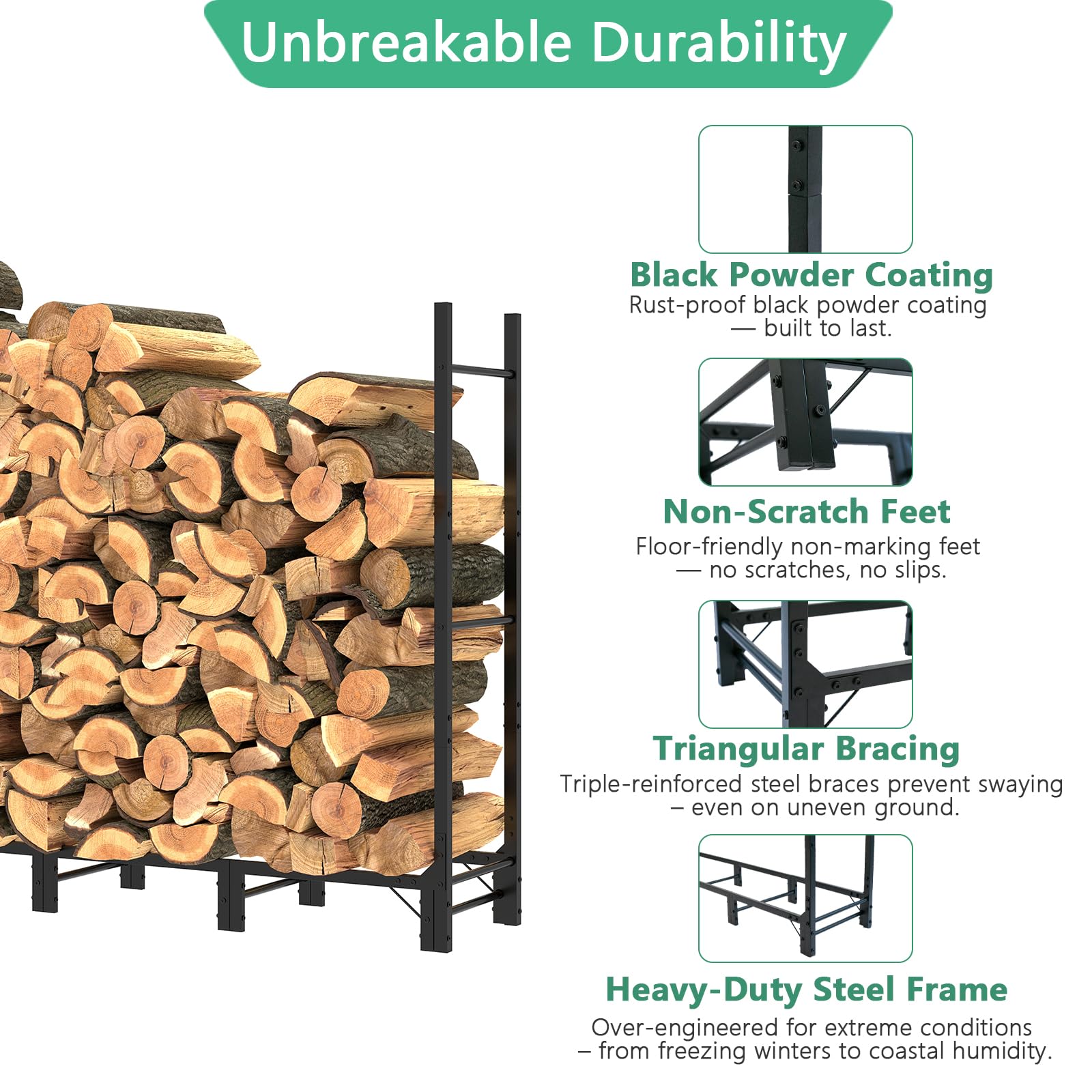 Helios&Hestia 1.24m Outdoor Firewood Rack for Fireplace Heavy Duty Steel Log Holder, Indoor Wood Pile Storage Organizer - Image 2