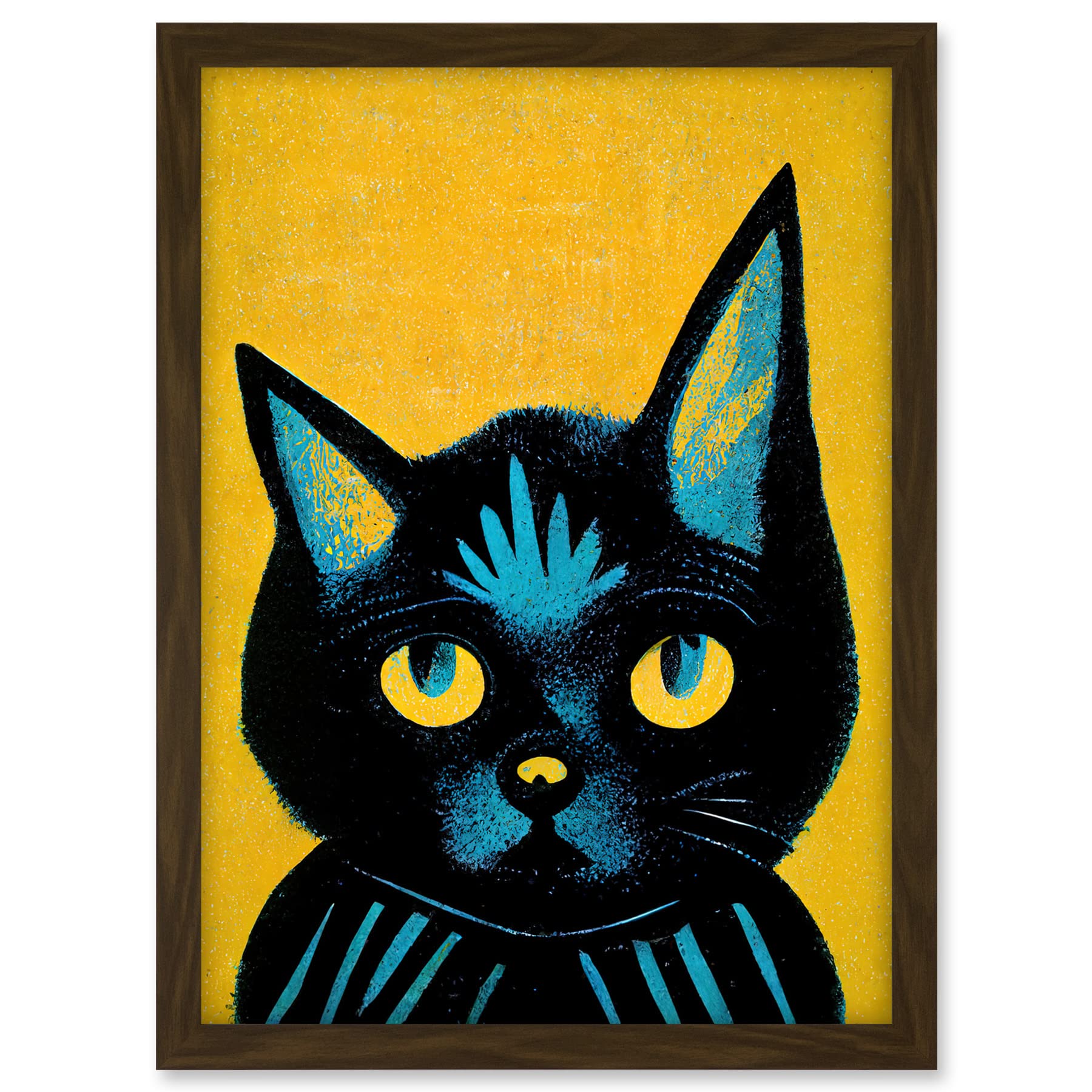 Wee Blue Coo Quirky Bold Black Cat Yellow Blue Artwork Framed A3 Wall Art Print