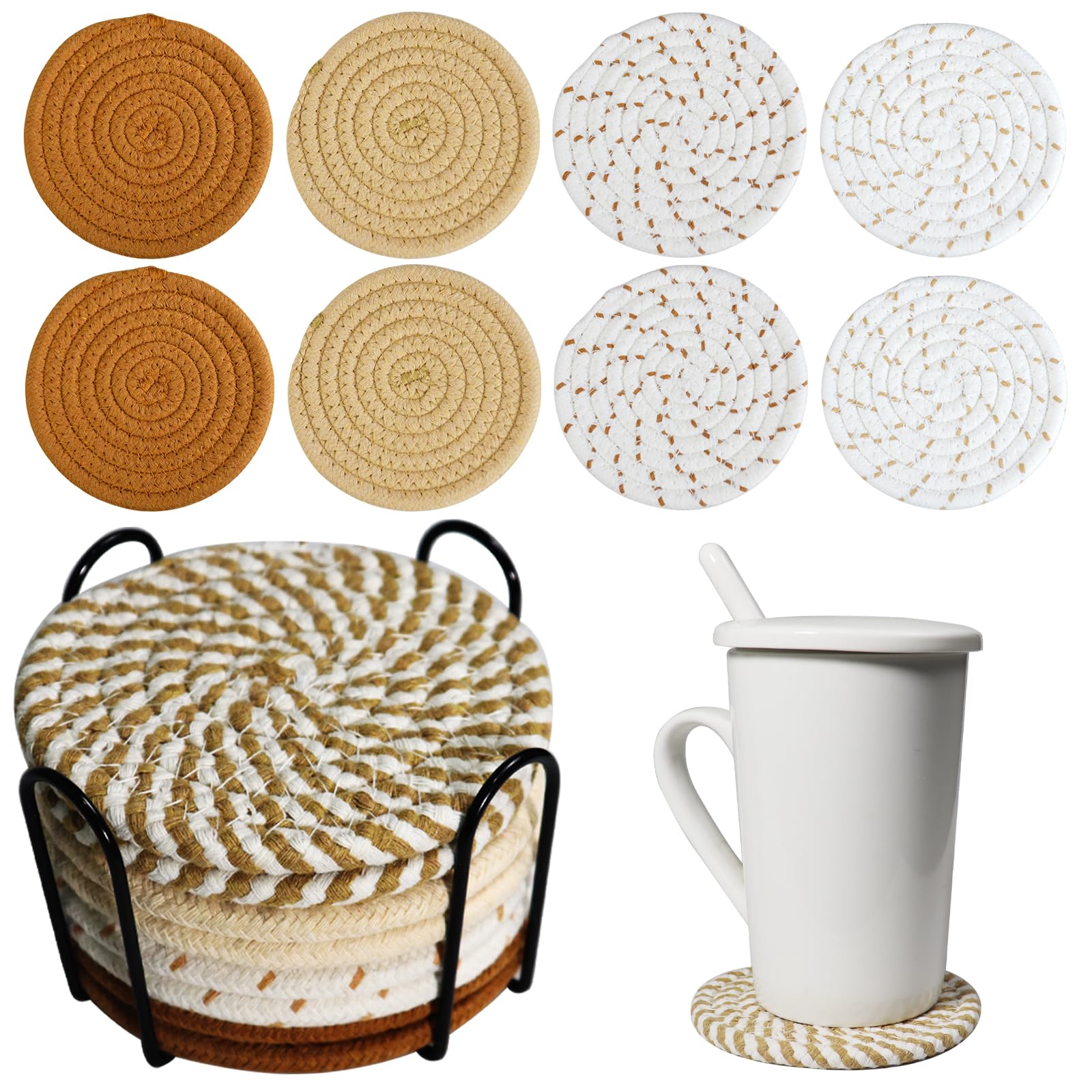 6/8 Pcs Vintage Round Woven Coasters,Absorbent & Heat-Resistant for Home Coffee Table Desk Cups Tabletop Protection,Boho Decor for Living Room Birthday Gifts for Women