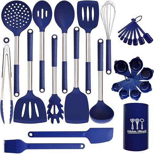 Silicone Kitchen Utensils Set - 28 Pieces Cooking Utensils Set Non-Stick Heat Resistance Silicon with Stainless Steel Handle - Royal Blue