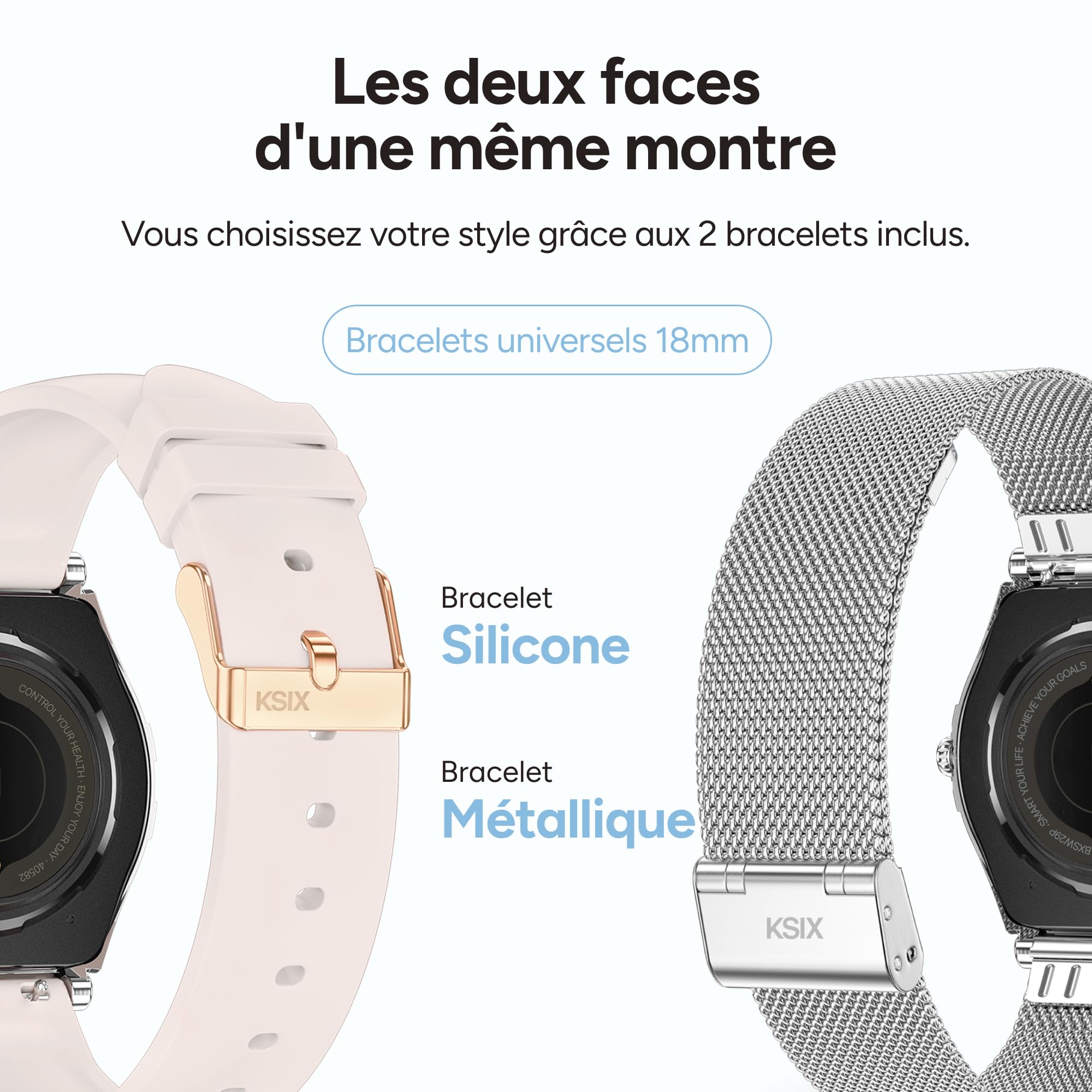 KSIX Montre connectée LYA Go pour Femme, écran AMOLED 1,19", autonomie de 5 Jours, Modes Sport et santé, Notifications, appels, Assistant Vocal, 2 Bracelets en métal et Silicone (Argent et Beige).
