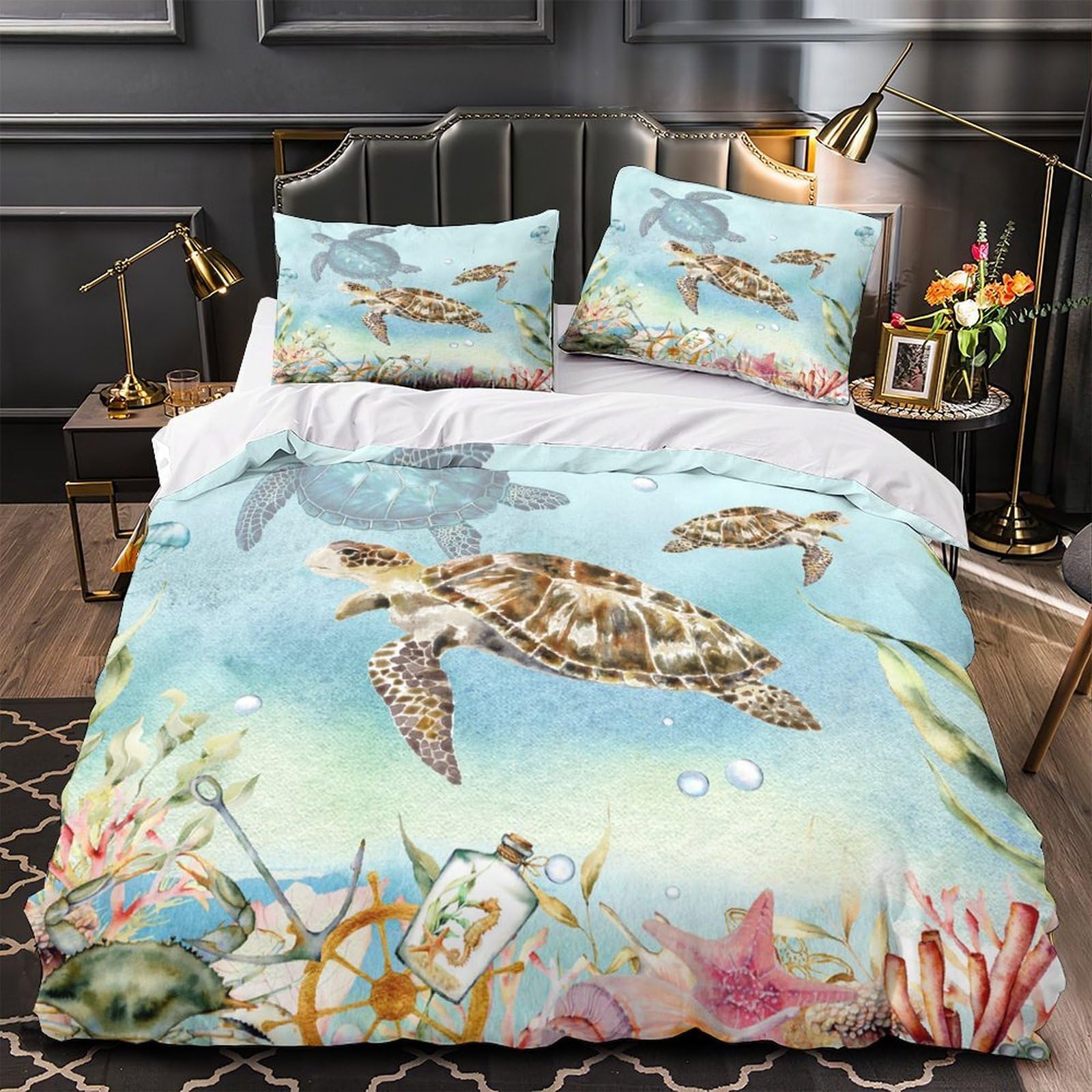 Parure de lit tortues marines 3D avec housse de couette 200x200cm en microfibre douce