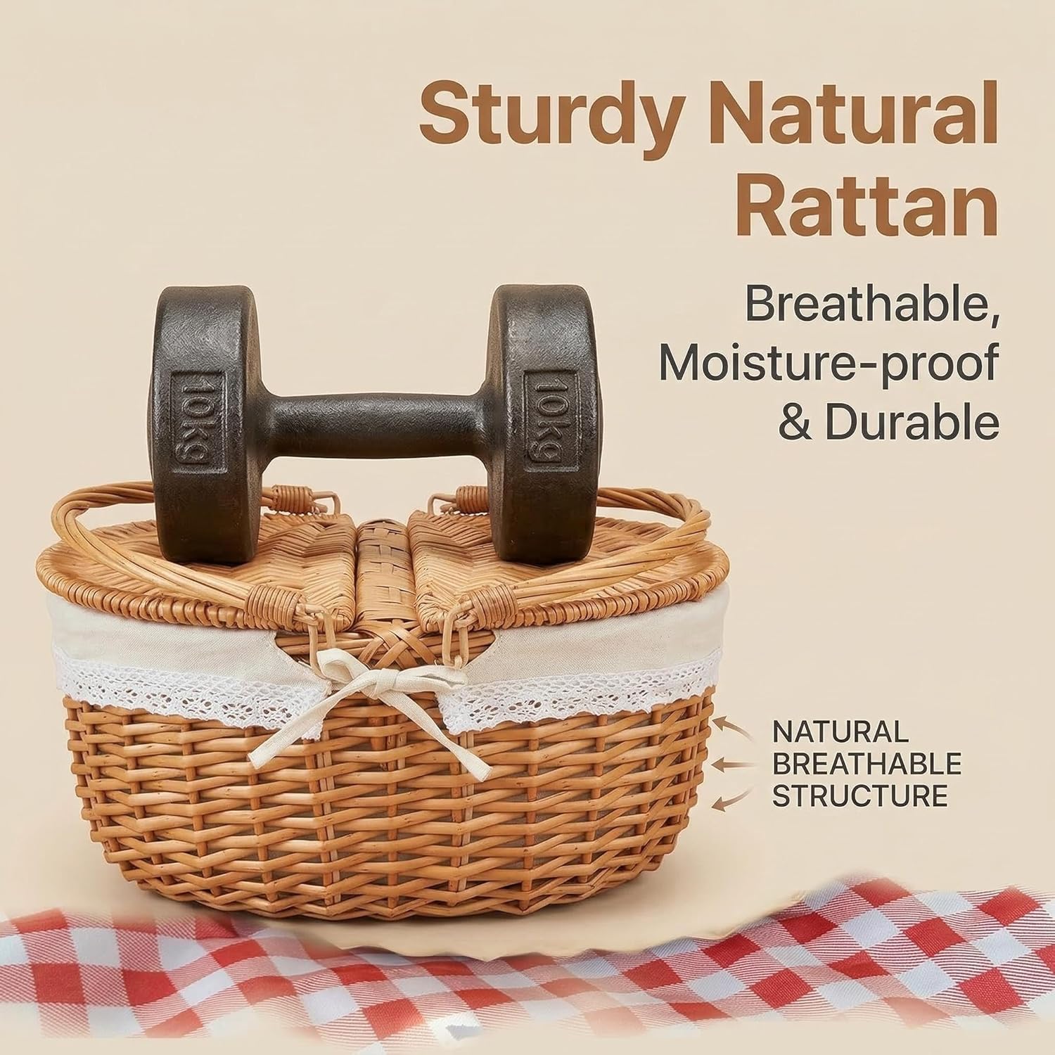 Wicker Picnic Basket with Blankets,Empty Picnic Baskets with Lid,15" Vintage-Style Picnic Hamper with Folding Woven Handle for Camping,Outdoor,Picnic, Birthday,Halloween, Thanks Giving,Canasta De