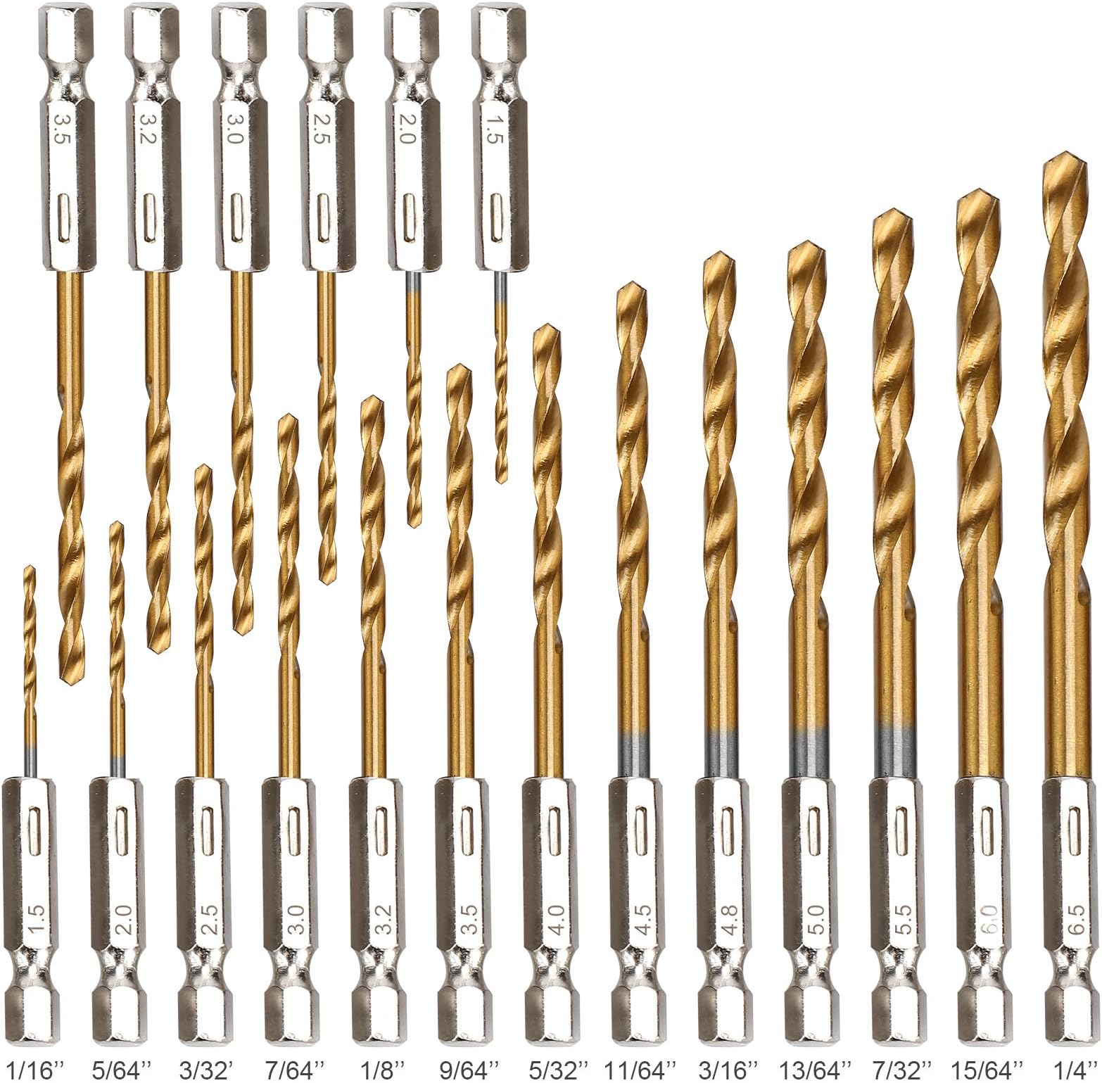 YXYL 19-Piece Hex Drill Bit Set, Titanium & HSS High-Speed Steel Hex Shank Quick-Change Twist Drill Bits for Wood (1/16"-1/4")