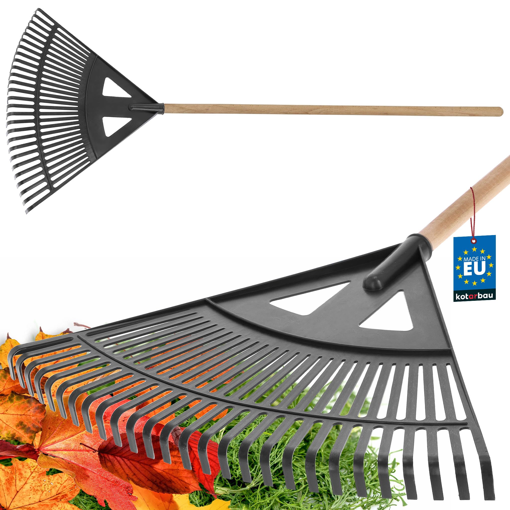 KOTARBAU® Plastic Leaf Rake - 58 cm - Garden Rake with Wooden Handle - 100 cm - Rake for Autumn Leaves & Hedge Cutting - Fan Rake for Hay - Leaf Rake - Plastic - Black