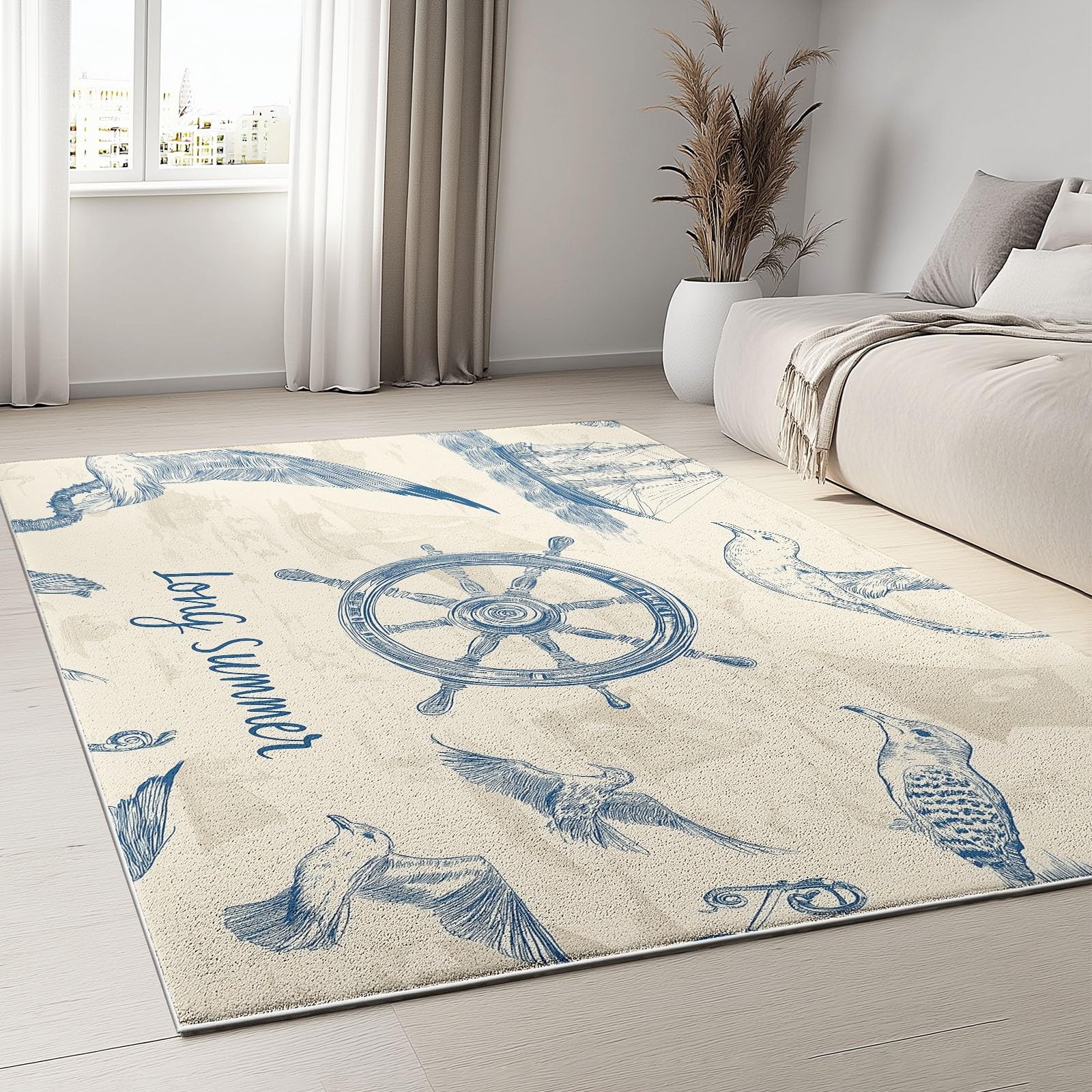 Tapis de chambre beige motif marin pour créer un coin lecture apaisant