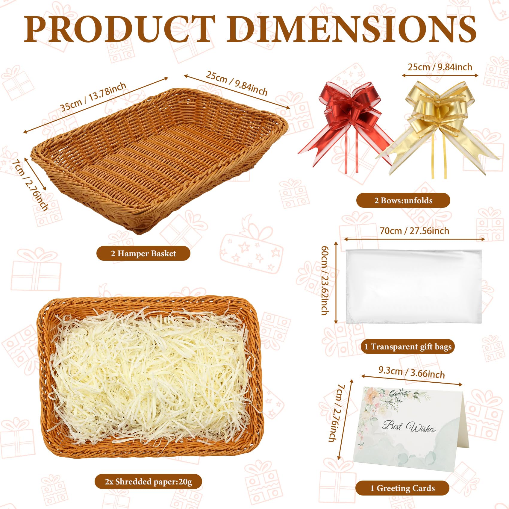 Micvtve Set di 2 cesti regalo, kit per creare il proprio cesto regalo con fiocchi, sacchetti di cellophane, biglietti di auguri, carta sminuzzata e cesto regalo vuoto, da utilizzare per compleanni