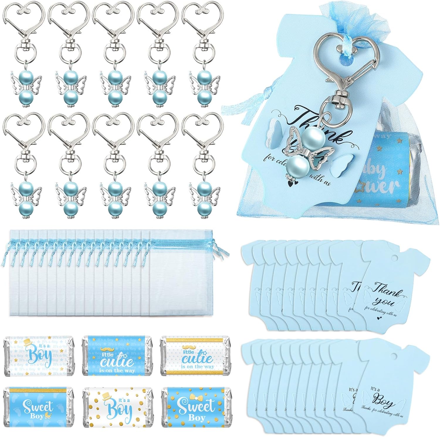 Teling 50 Sets Baby Shower Party Favors Baby Shower Angel Keychains Label Sticker Cards Organza Bags for Baptism Party(Pink)