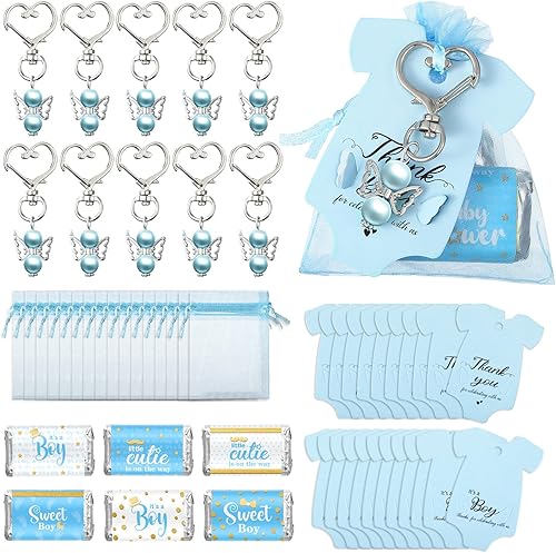 Teling 50 juegos de recuerdos para fiesta de baby shower, llaveros de ángel para baby shower, etiquetas adhesivas, tarjetas, bolsas de organza para
