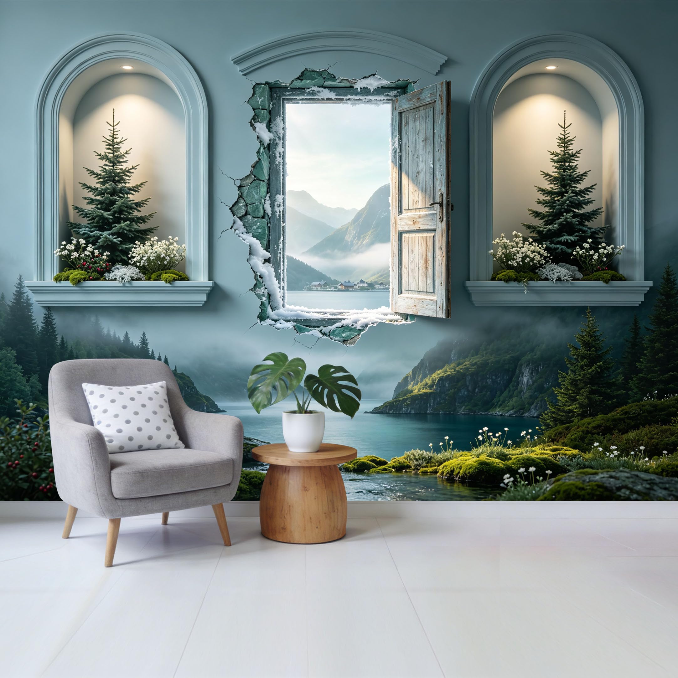 Removable Self Adhesive Fabric Mural， 3D Trompe L'Oeil Snowy Mountain Lake Custom Size Wall Covering， UV Protected Waterproof Washable Wall Decor for Living Room Bedroom Bathroom