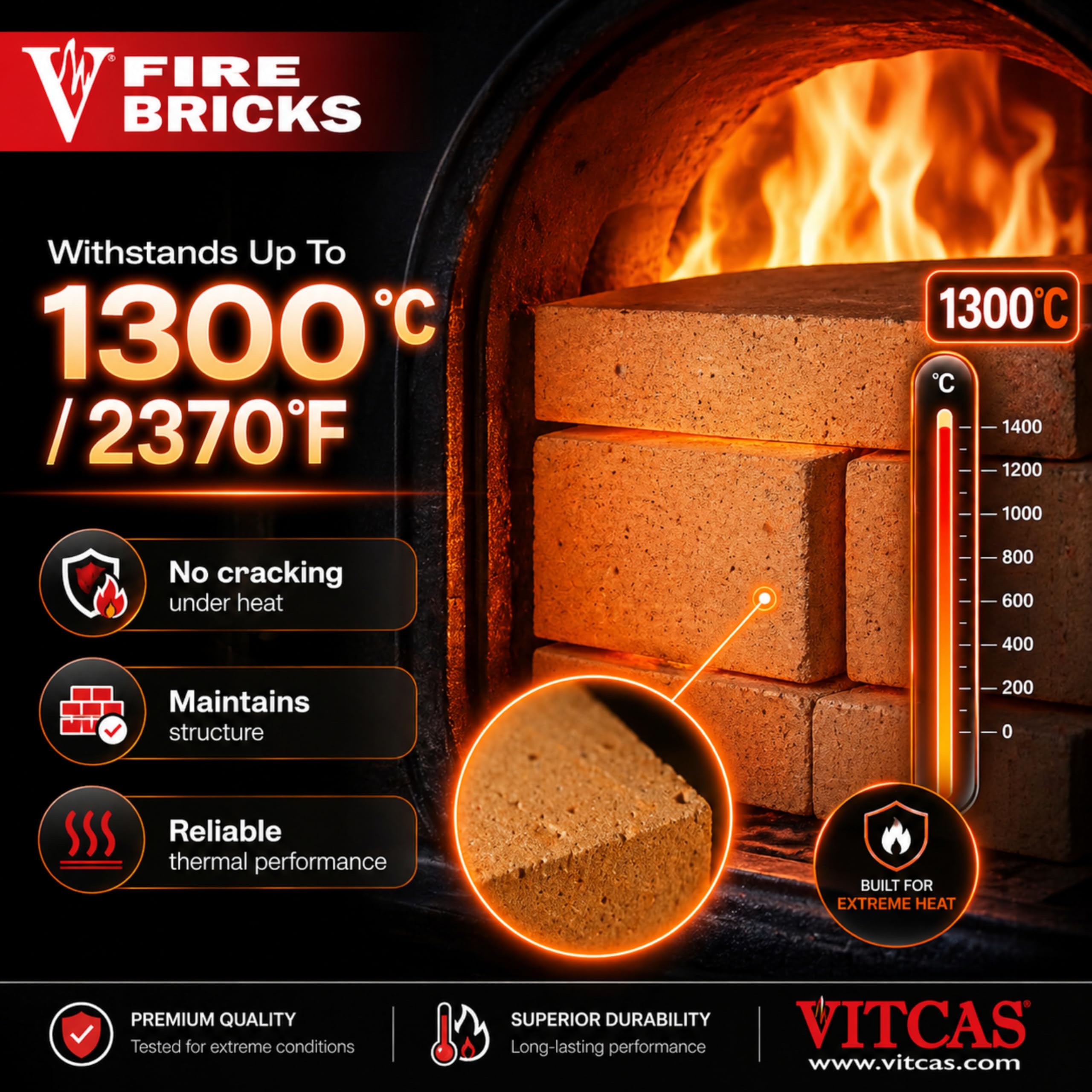 VITCAS Mattoni refrattari – Materiale di Alta qualità – Alta densità – Bassa conducibilità Termica – Scatola di Ricambio – per stufe e camini – Mattoni refrattari Standard – Fino a 1300 Gradi Celsius