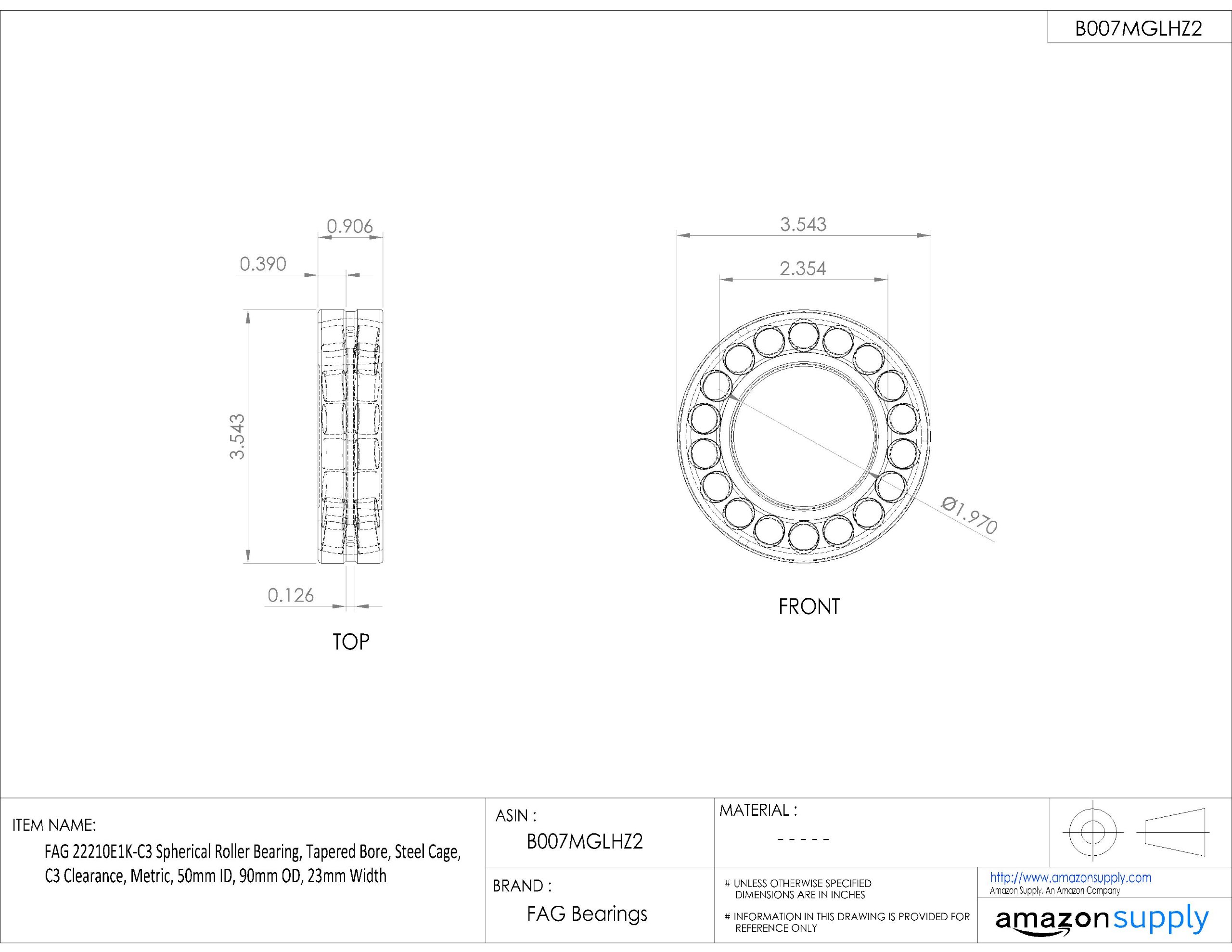FAG 22210e1 K-c3 Sphärische Roller Bearing, keilförmige Bohrung, Stahl Käfig, C3 Clearance, metrisches, 50 mm ID, 90 mm OD, 23 mm Breite