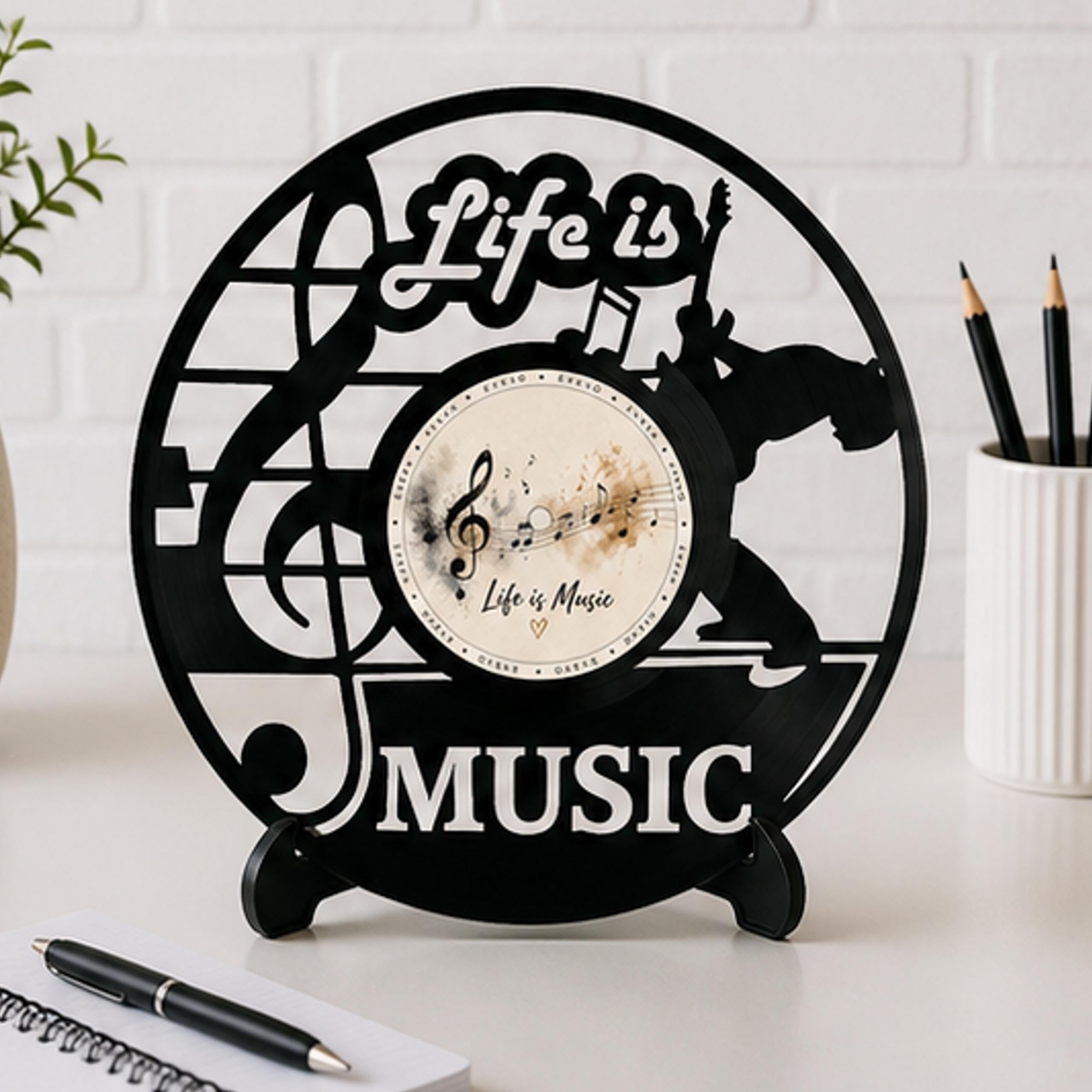 EVEVO Dekoracja ścienna z płyty gramofonowej Life is Music - winylowa sztuka ścienna, muzyka, obraz ścienny, prezent dla muzyków, miłośników muzyki audiofilów D0030