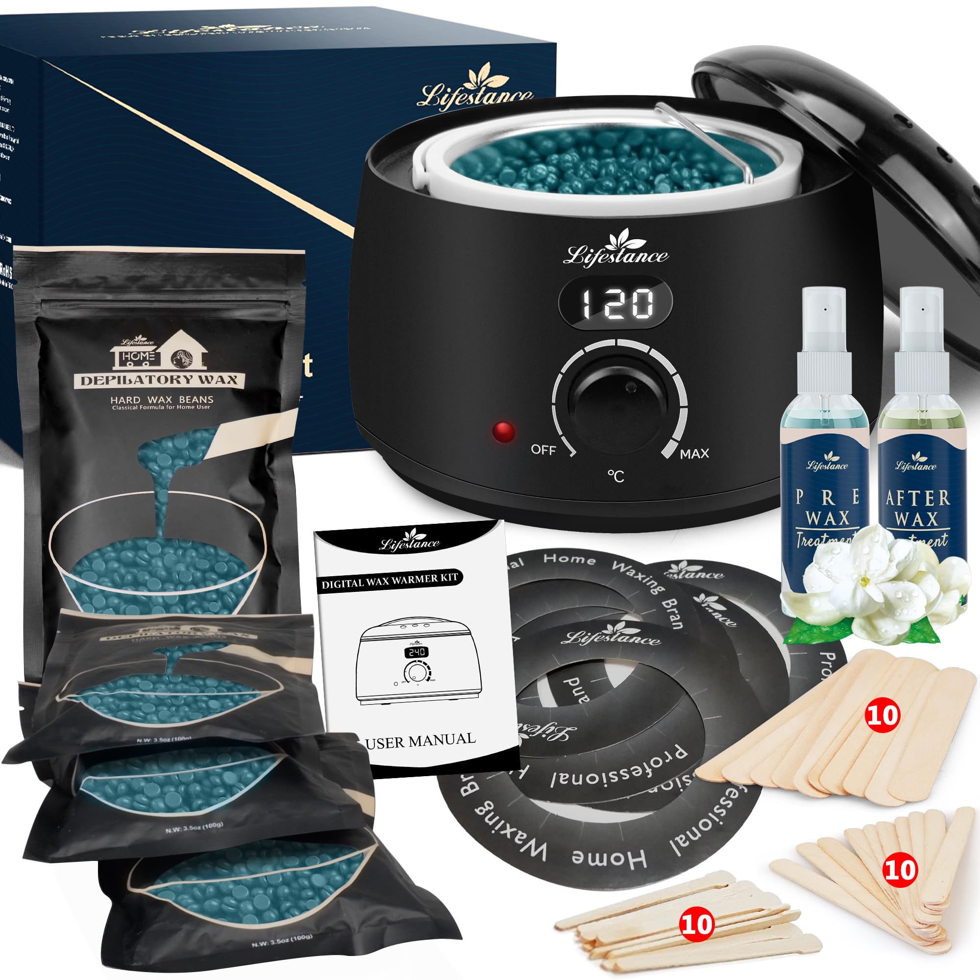 Lifestance Waxing Set Professionell, Wachswärmer Wachs Haarentfernung mit 400g Wax, 20 Wachsstäbchen, 10 Augenbrauen Stäbchen, ein Vor- und Nachbehandlungslosion, 5 Papierringe