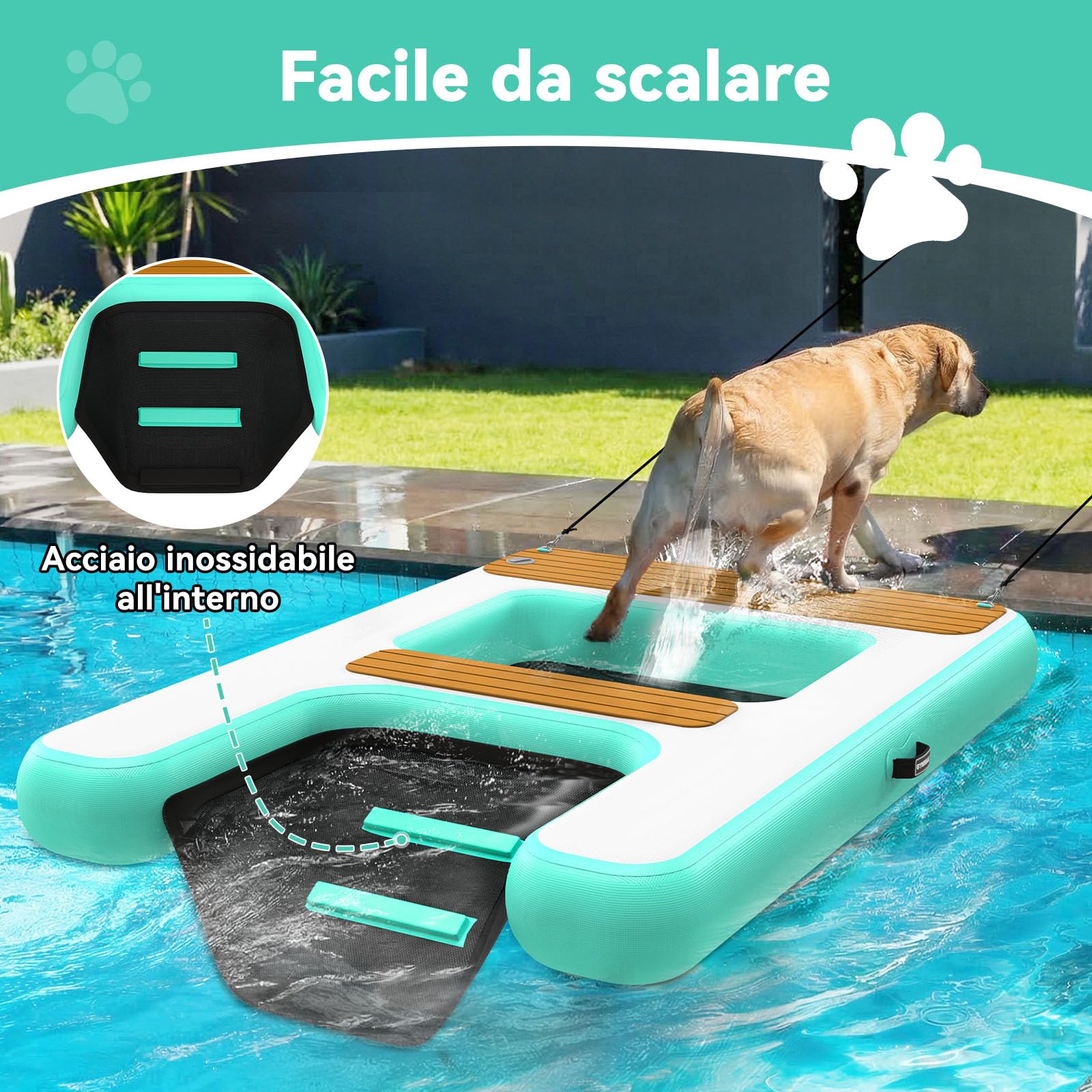 Rampa per Cani per Accesso all'Acqua Ottimizzata 170 x 120 cm, 2 in 1 Piattaforma Acquatica Gonfiabile per Cani, Portata Fino a 150 kg, Adatta per Pontili, Barche e Piscine