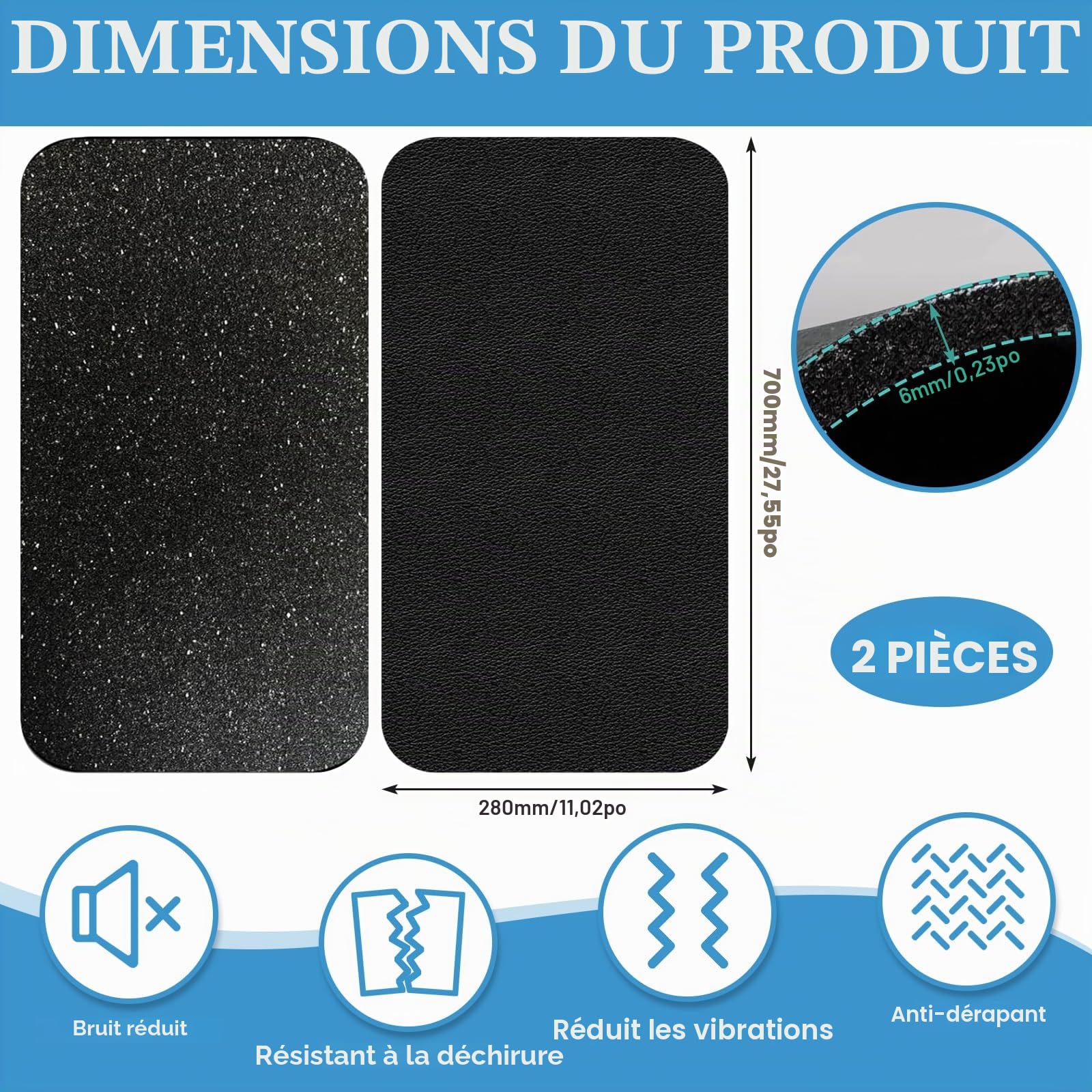 Erzekrim Tapis de protection pour équipements de sport et de fitness 28 x 70 cm 2 pièces Tapis de protection résistant aux chocs Fitness 6 mm d'épaisseur Tapis pour tapis roulant Salle de fitness