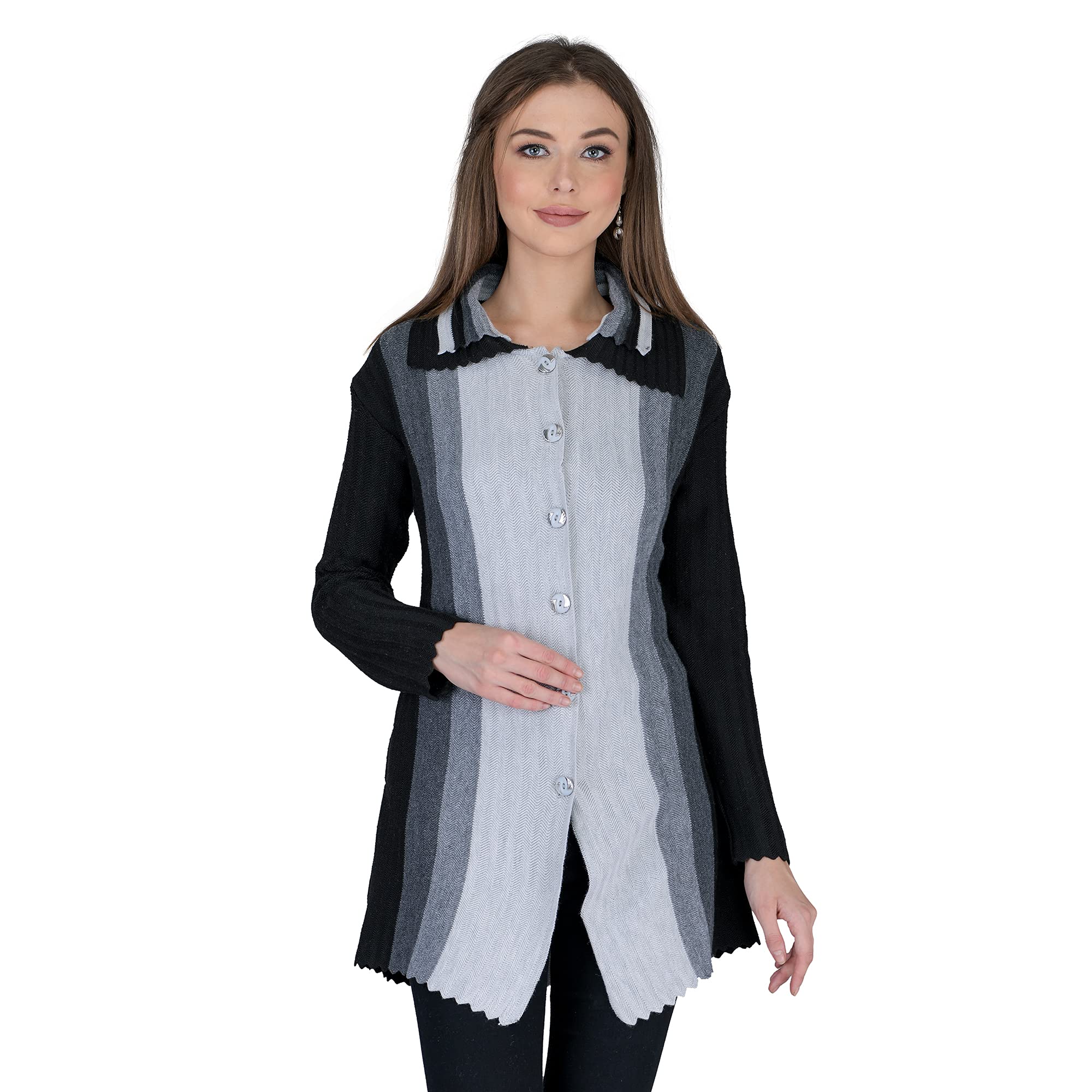 lady willington Women Woolen Double Collar Multicolour Cardigan Daffodil Fabric Winter Wear Pure Wool Cardigan for Women Free Size Long Cotty Warm (BlackGrey, M)-picture-21