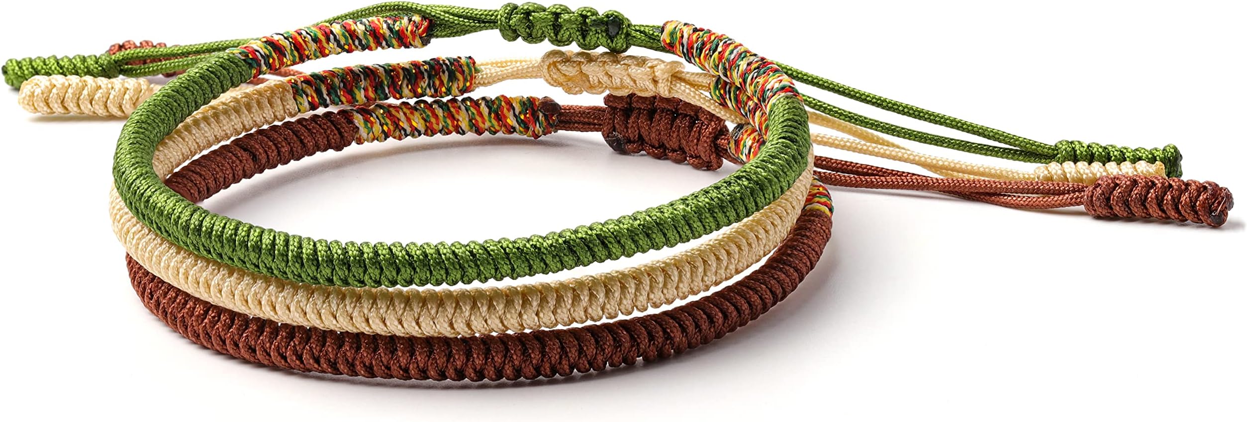 Tibetan Buddhist Handmade Lucky Knot Rope Bracelet (Set of 3 - Cream, Deep Green, Earth Brown)