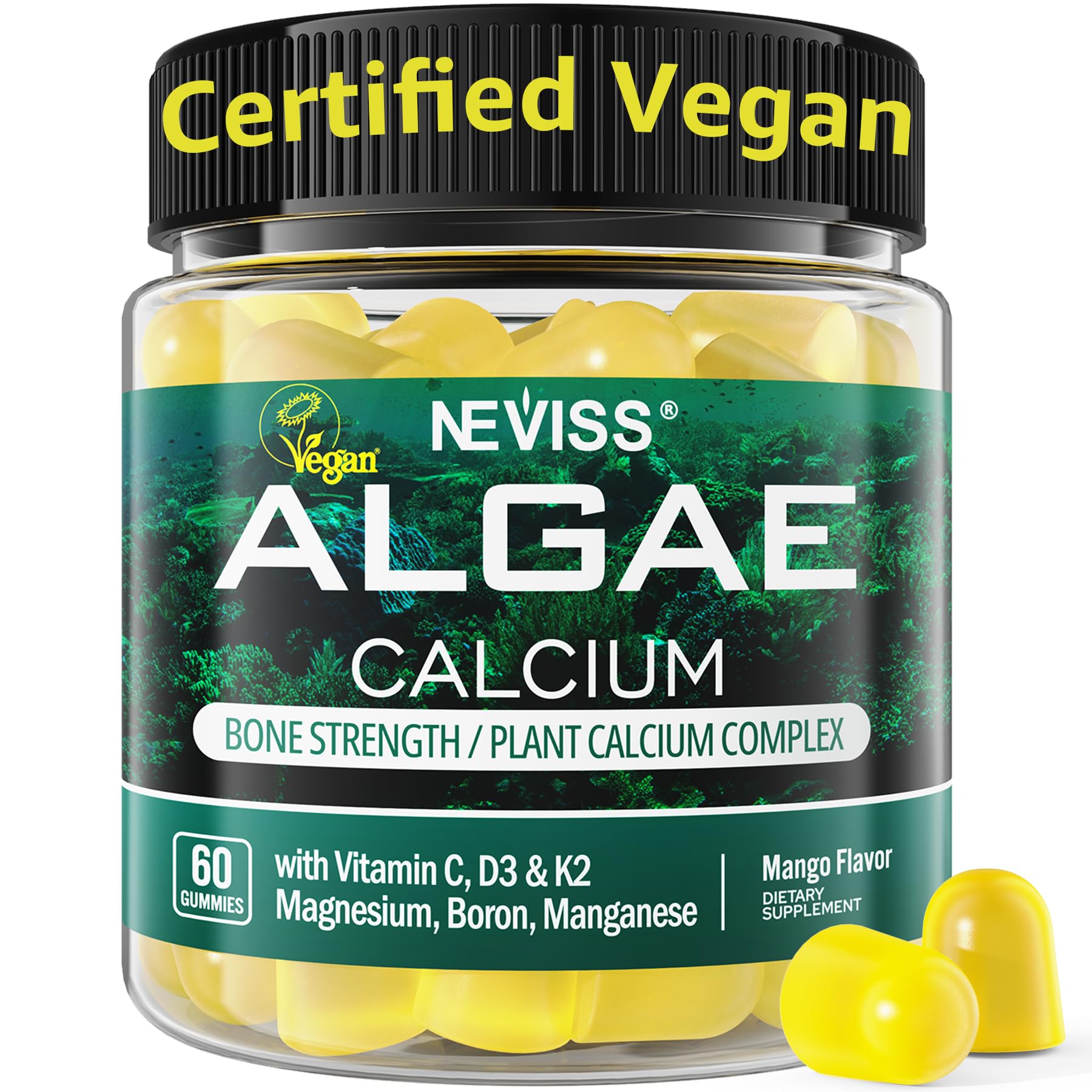 Calcium Gummies for Women + Magneisum Vitamin D3 K2, C, Zinc, Boron, Sustainable Algae (3rd Party Tested) for Bone Strength, Nerve, Calcium Absoption, Sugar Free Calcium Supplement, Vegan, 60 Counts