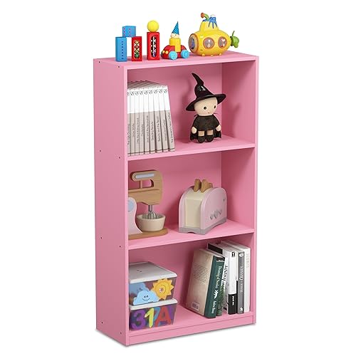 Furinno BASIC Book Shelf, 3-Tier Modern Bookshelf, Bookcase with Open Shelves, 9.3 x 21.8 x 39.5, for Living Room, Bedroom, Home Office, Pink - Pink - 3-Tier