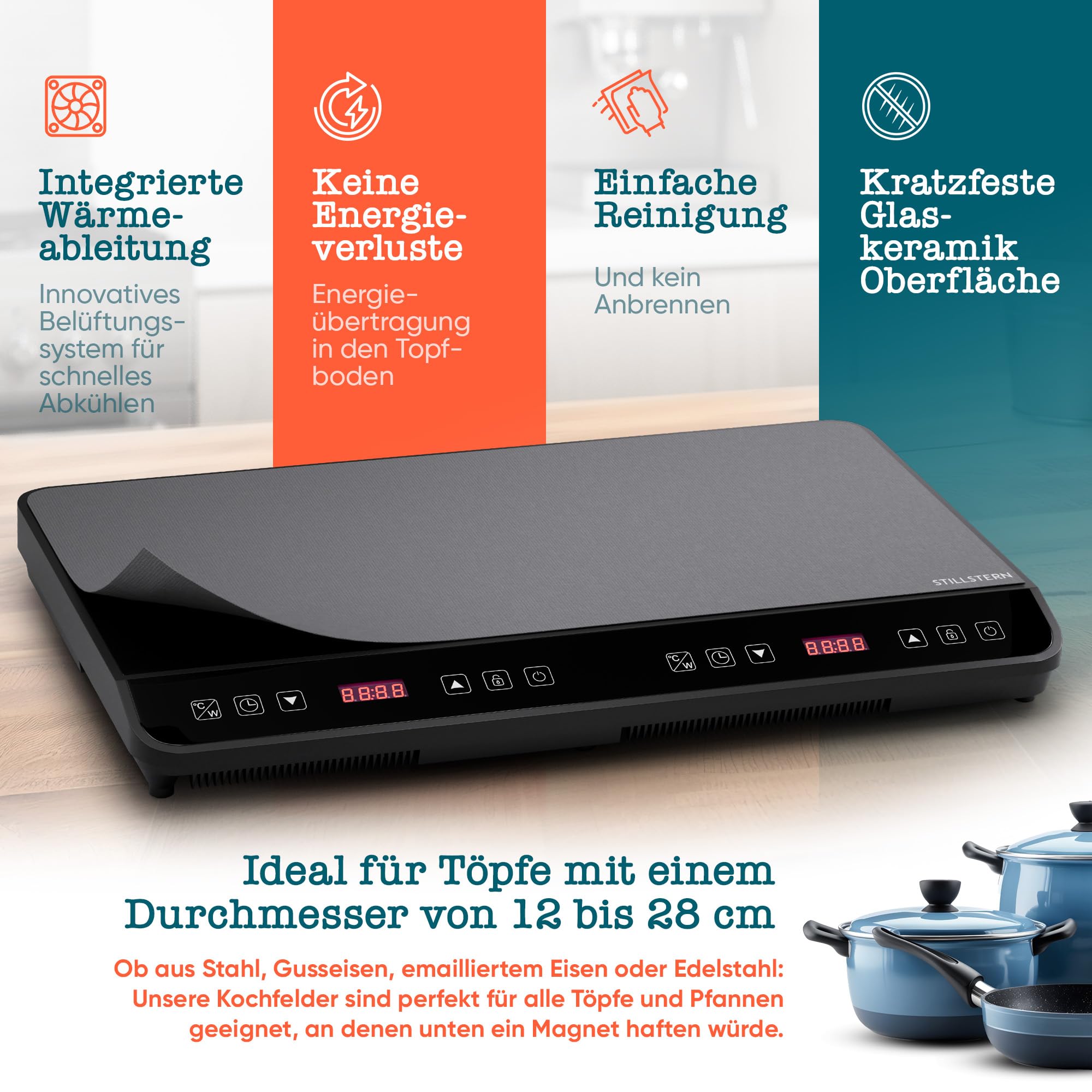 Stillstern Doppel-Induktionskochfeld | Induktionskochplatte [3600W] 2 Platten Herdplatte mit Lautlos-Funk. & Turbo-Boost, 12-28cm, 18 Temp. & Leistungsstufen, 24h Timer, Induktionsherd 2er Kochplatte