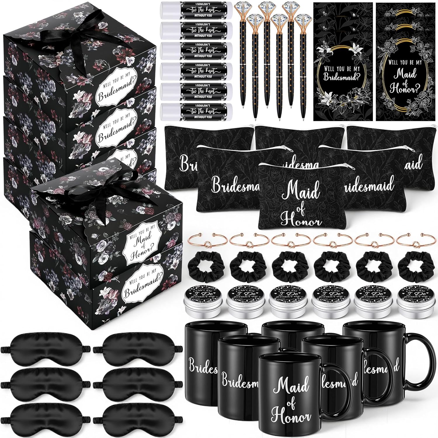 60 Pcs Bridesmaid Proposal Gift Set of 10 - Maid & Matron of Honor Box with Mug Makeup Bag Candle Lip Balm Hair Scrunchie Diamond Pens Bracelet Eye Mask Invitation Cards(Black)
