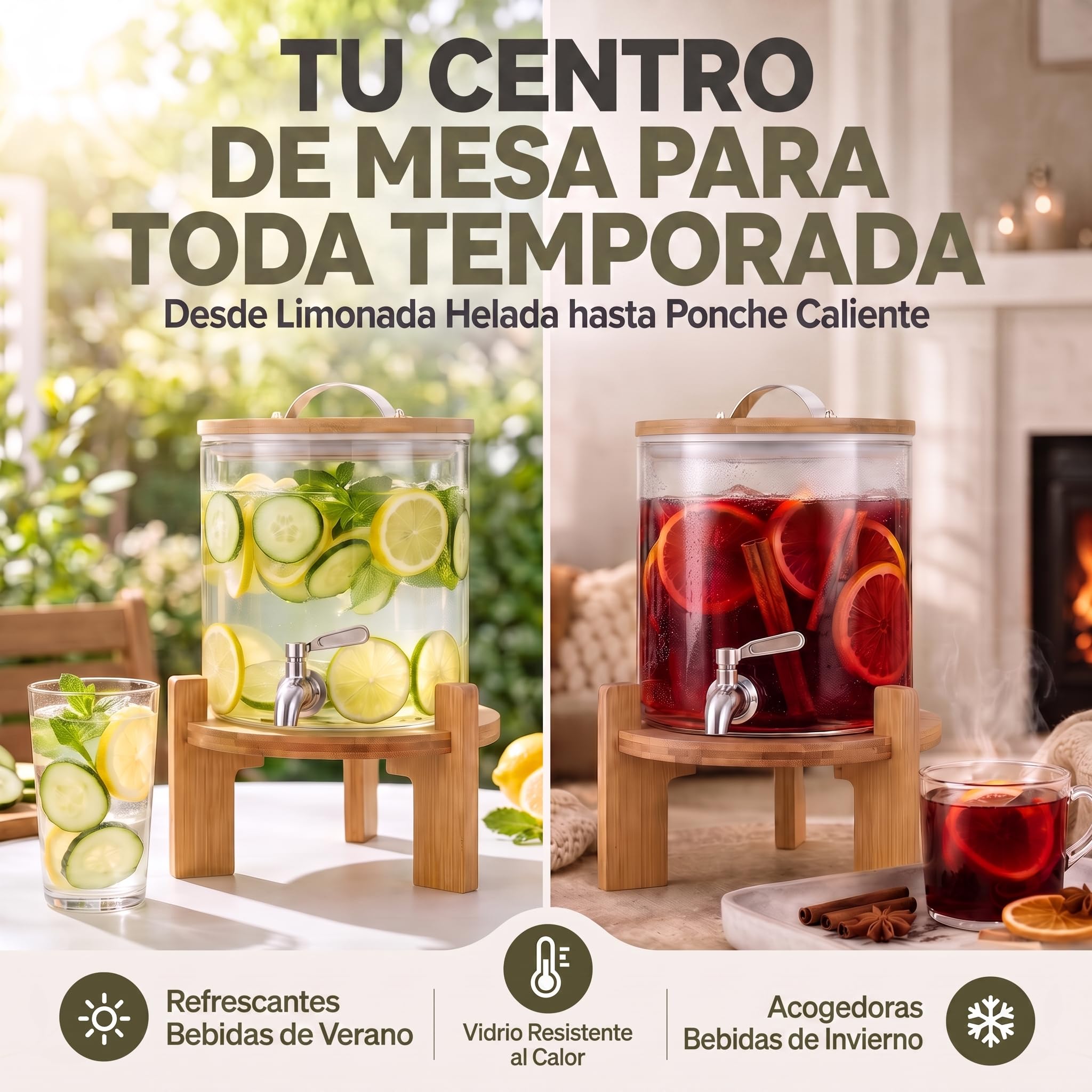 Dispensador de bebidas con grifo antigoteo de acero inoxidable Dispensador de agua de vidrio con soporte y tapa de bambú Dispensador de limonada de vidrio borosilicato resistente al calor (5 litros)