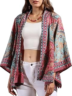 KE KANHA EXPORTS Shrugs for Women Stylish Boho Western Kimono Beach Wear Top with Japanese Sleeves and Multicolour Border ...