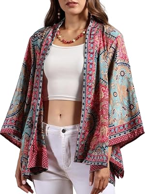 KE KANHA EXPORTS Shrugs for Women Stylish Boho Western Kimono Beach Wear Top with Japanese Sleeves and Multicolour Borde